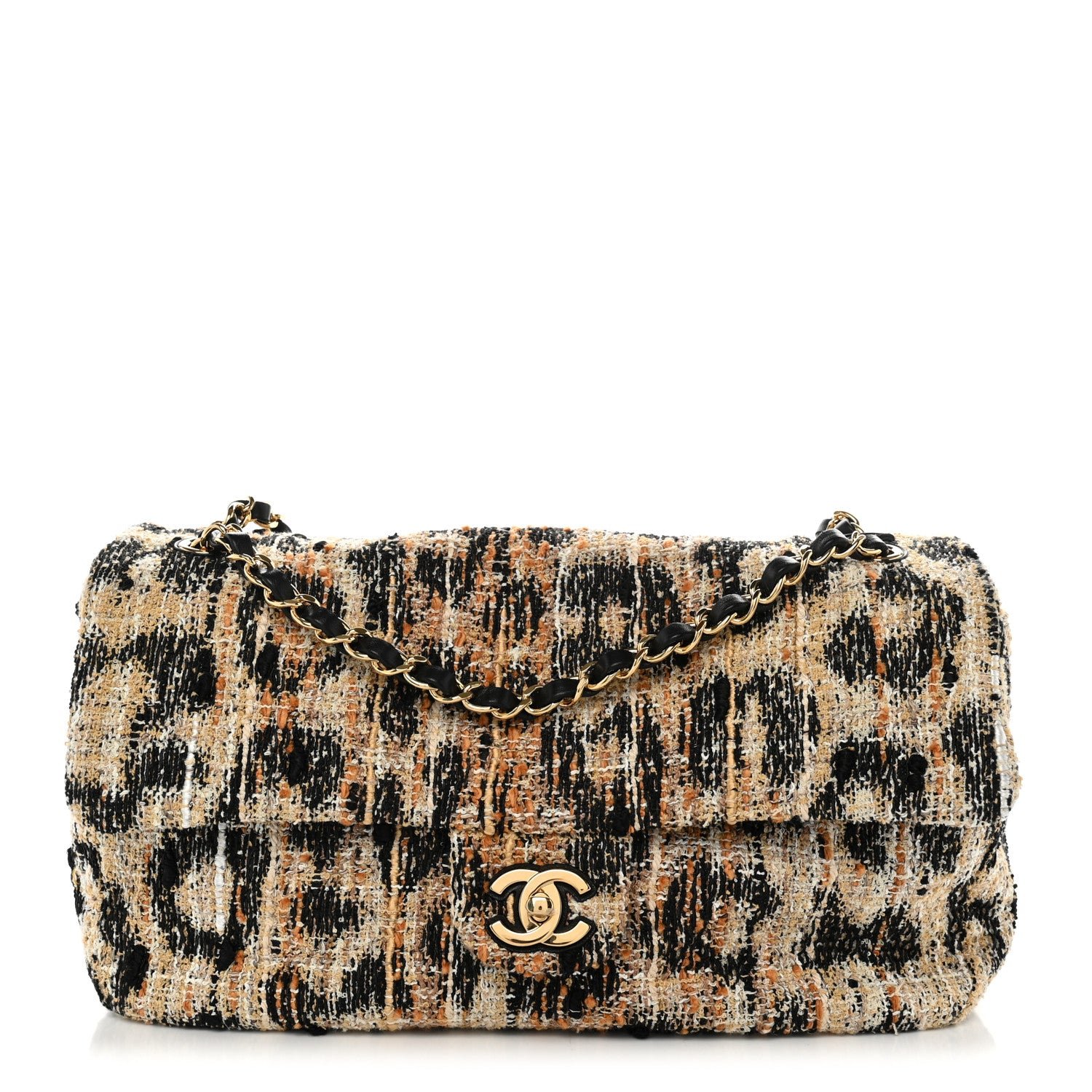 Chanel Tweed Mixed Fibers Leopard Print Small Souplissimo Maxi Flap Brown Black White