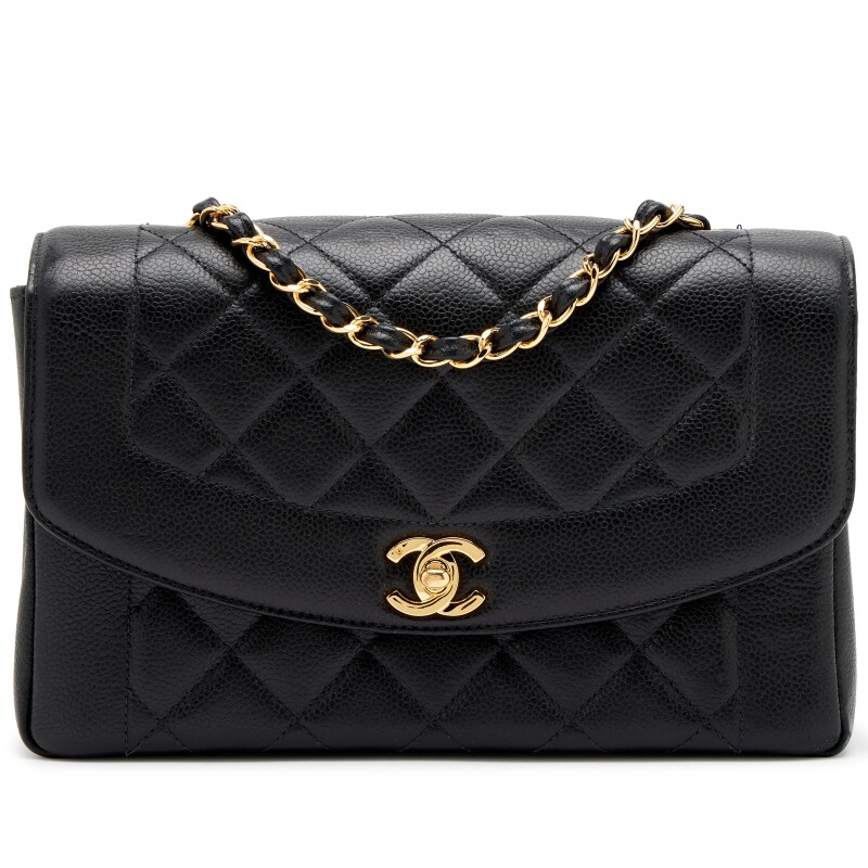 Vintage Black Quilted Caviar Medium Diana Flap Bag Gold Hardware, 1997-1999