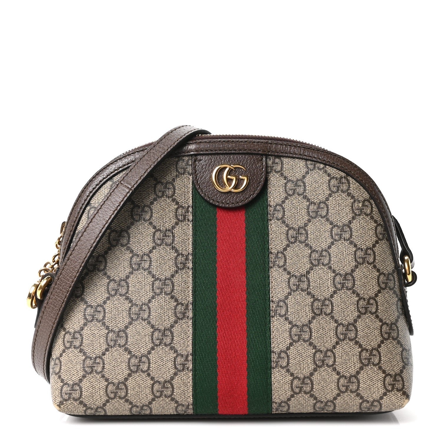 Gucci GG Supreme Monogram Textured Dollar Calfskin Web Small Ophidia Dome Shoulder Bag Beige Ebony New Acero