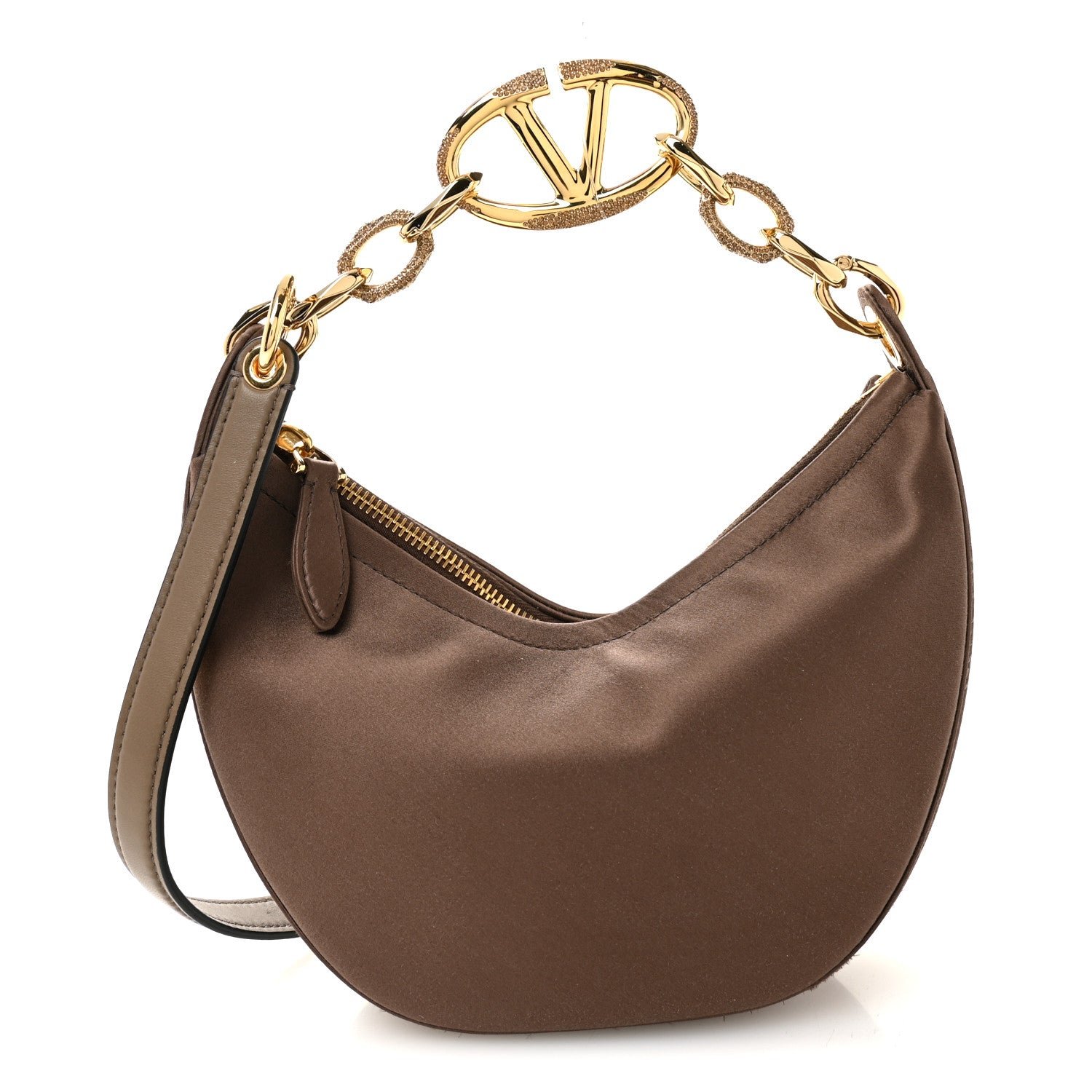 Valentino Garavani Satin Crystal Mini Vlogo Moon Bag Brown