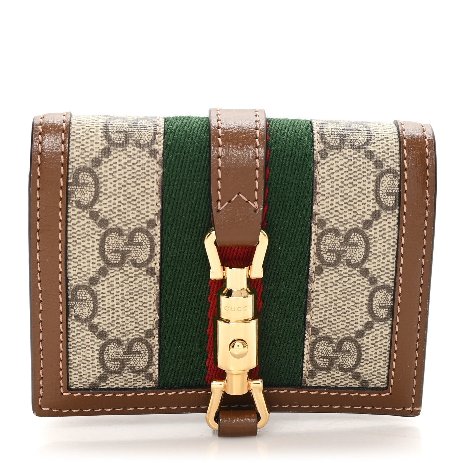 Gucci GG Supreme Monogram Textured Calfskin Web Jackie 1961 Card Case Beige Ebony Brown Sugar