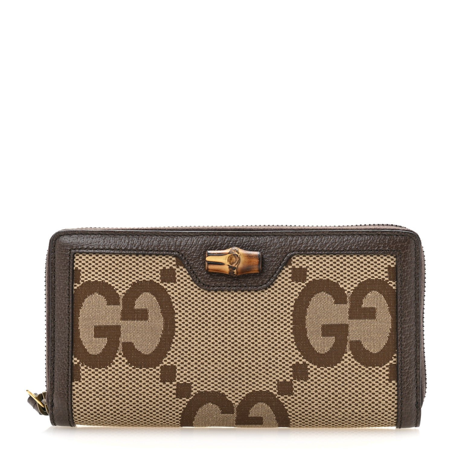 Gucci Monogram Jumbo GG Textured Dollar Calfskin Diana Zip Around Continental Wallet Camel Ebony New Acero