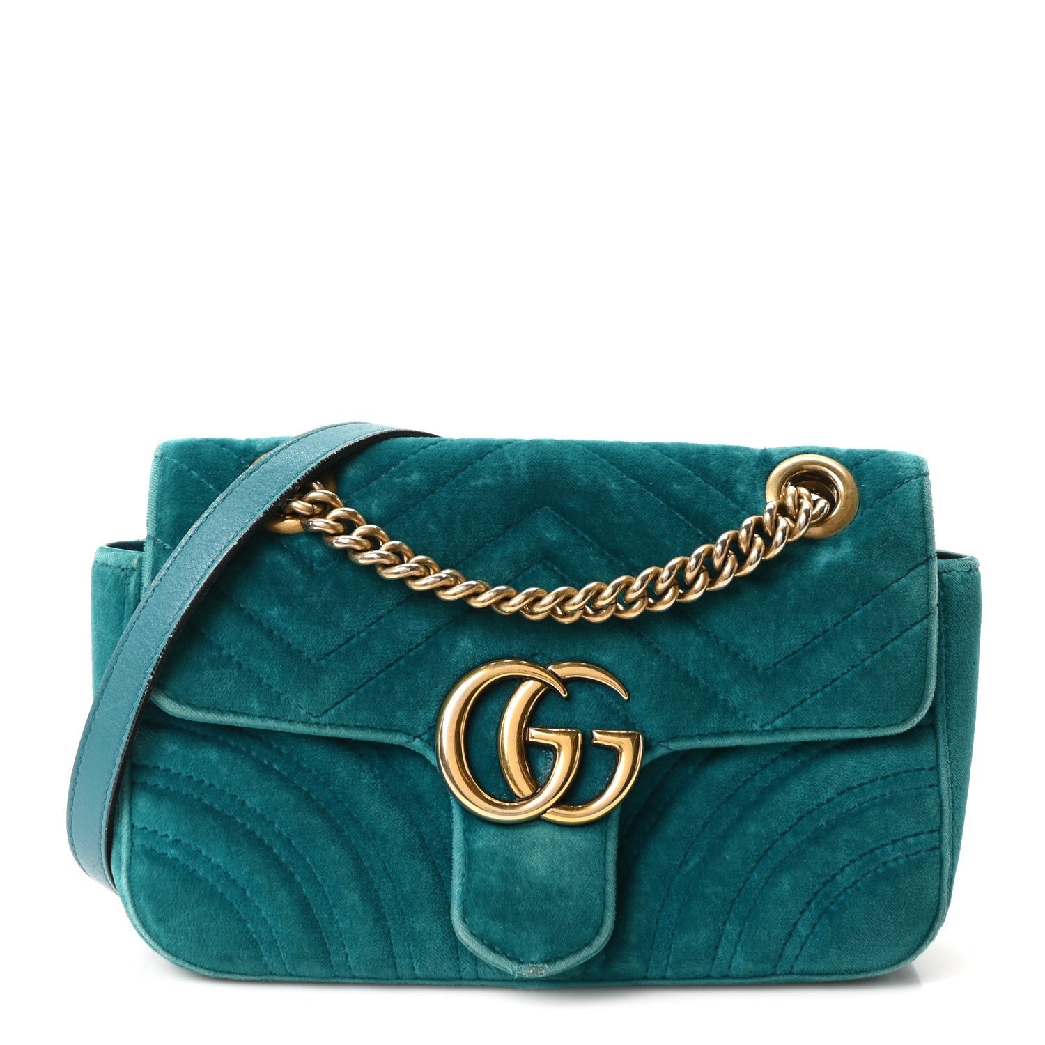 Gucci Velvet Matelasse Mini GG Marmont Shoulder Bag Pavone Cyan