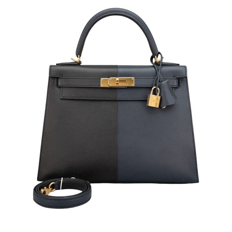Black, Bleu Indigo and Bleu Frida Tri-Color Epsom Casaque Sellier Kelly 28 Gold Hardware, 2022