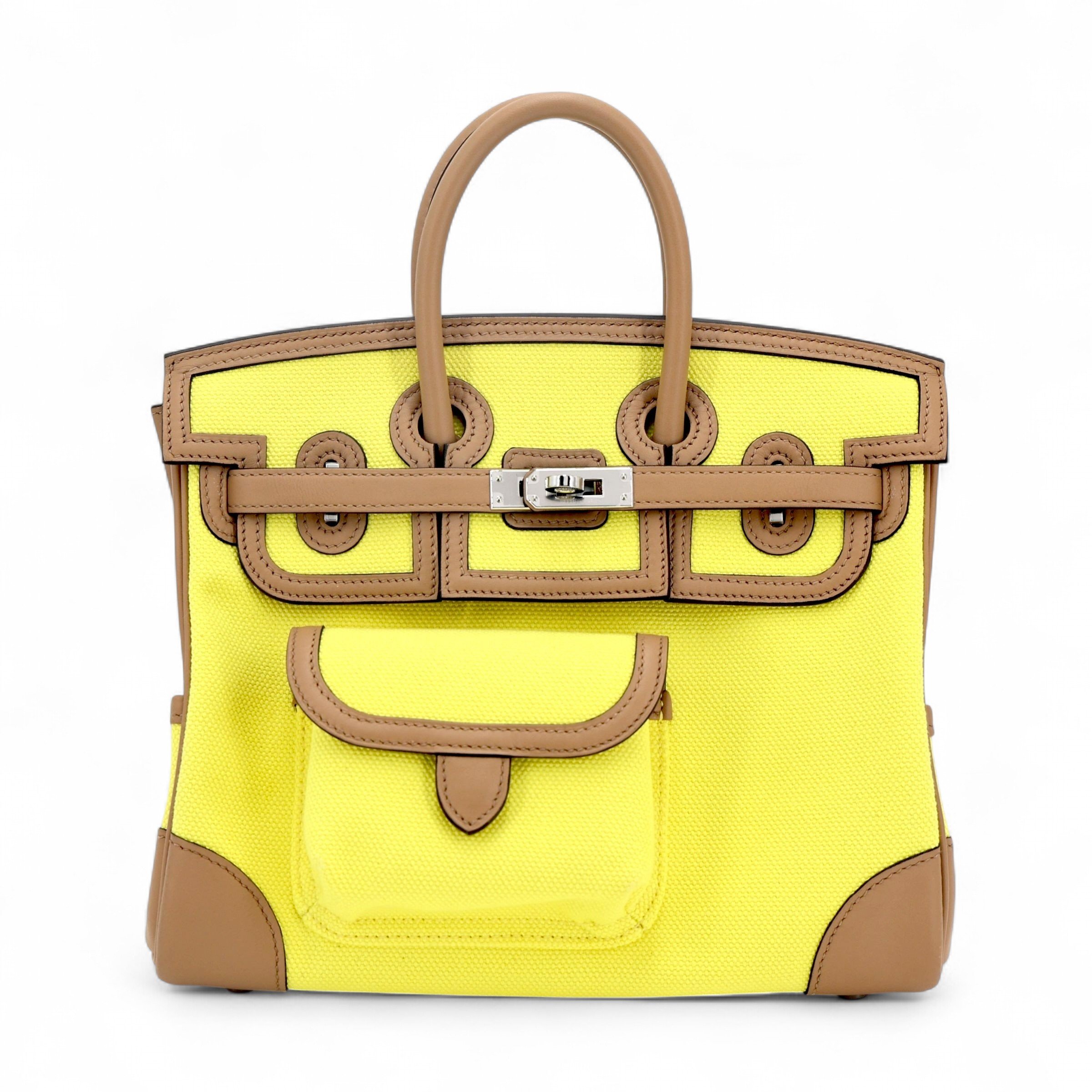 Hermes Excellent ( Rank SA ) HERMÈS Birkin Cargo 25 Jaune Citron (9N) Chai (0M) Toile Goeland canvas Swift Palladium hardware U (2022)
