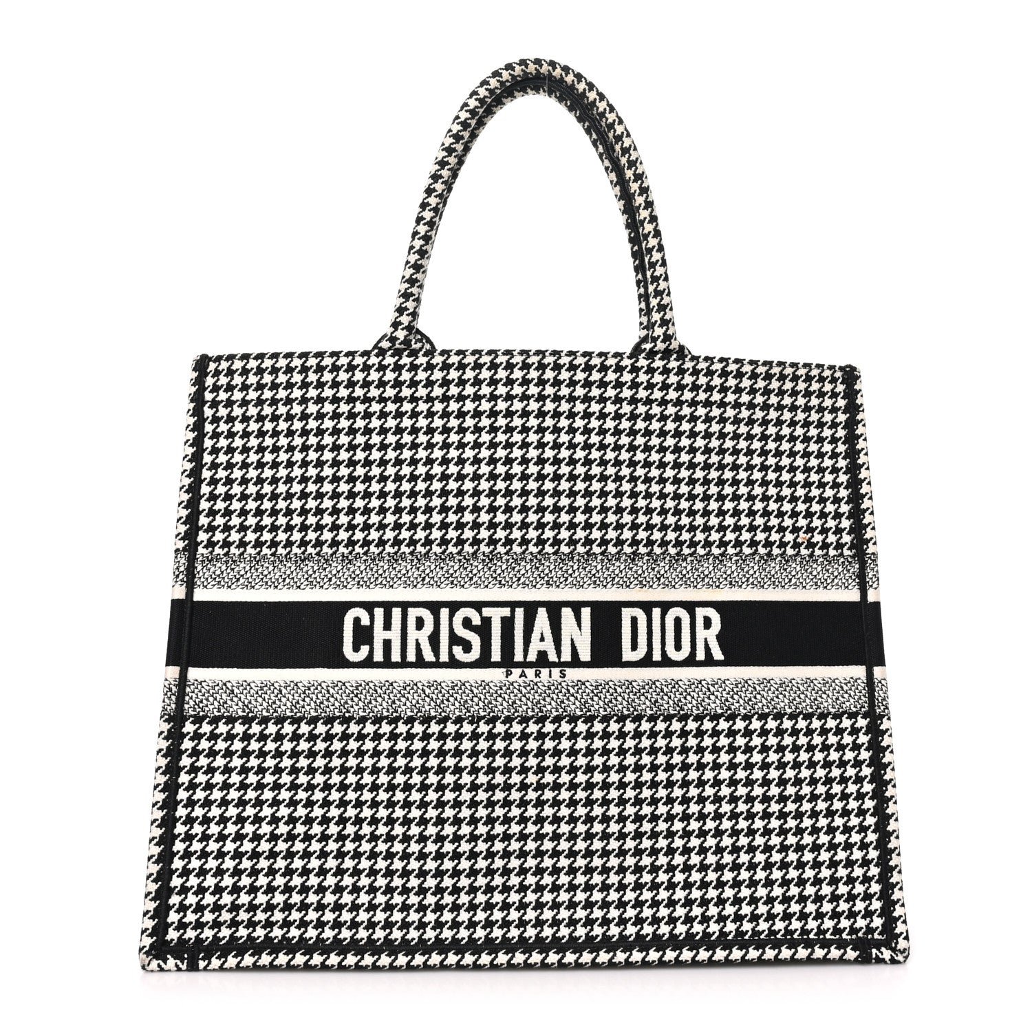 Christian Dior Canvas Houndstooth Embroidered Large Book Tote Black White