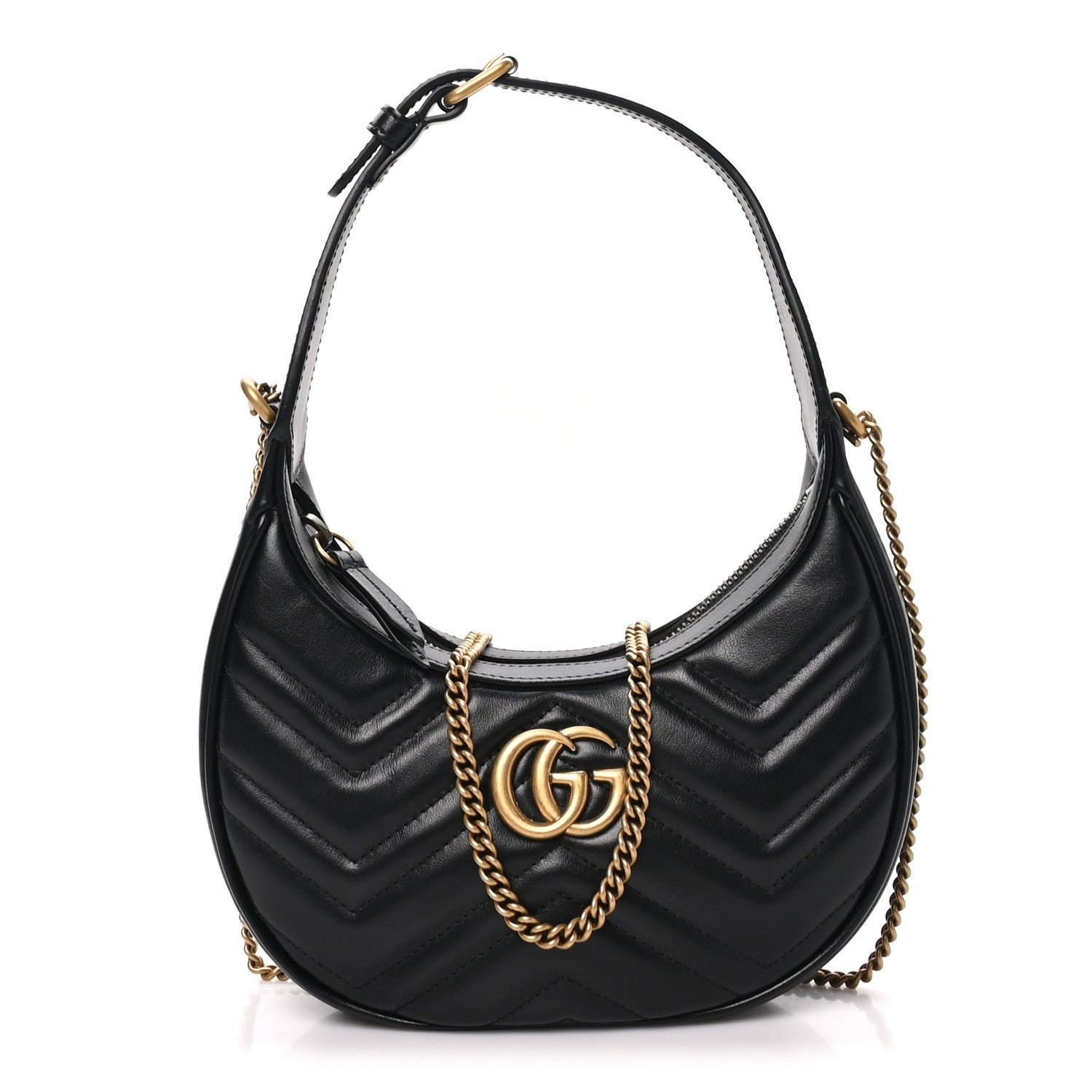 Gucci Calfskin Matelasse Chevron Mini GG Marmont Half Moon Hobo Black