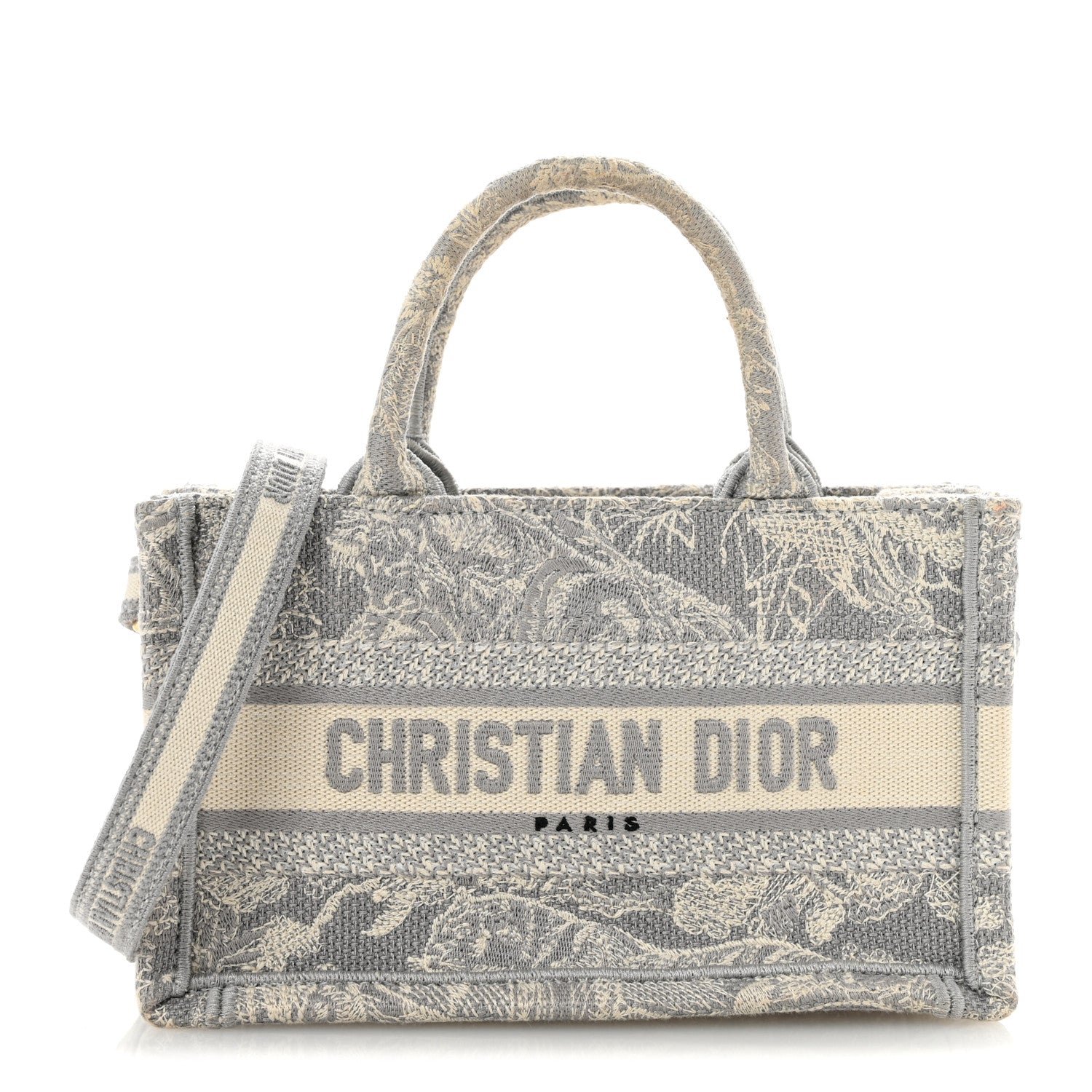 Dior Canvas Embroidered Toile De Jouy Reverse Mini Book Tote With Strap Grey