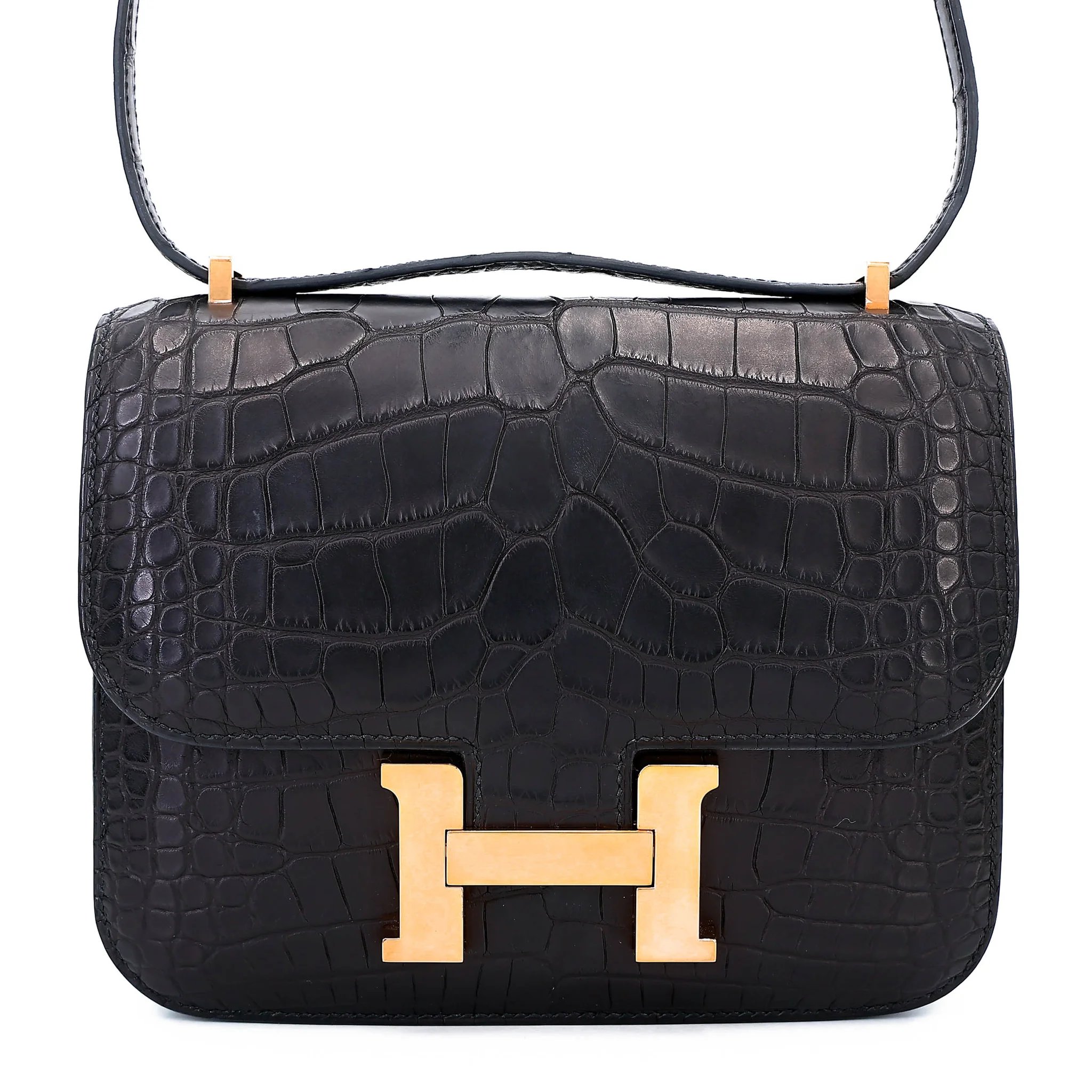 Very Good ( Rank A) HERMÈS Constance Mini Noir (89) Matte Alligator Rose Gold hardware U (2022)