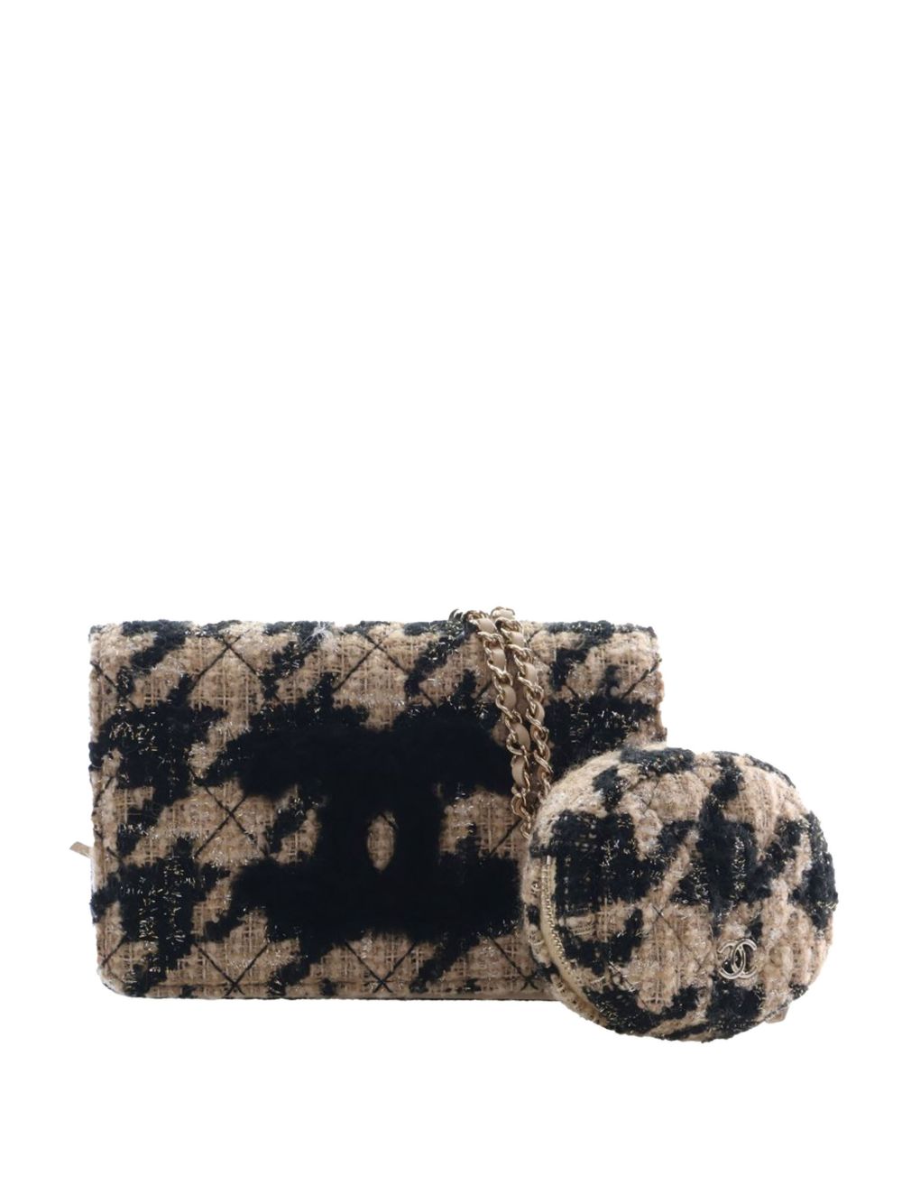 2019 Houndstooth Tweed Shearling CC Wallet On Chain crossbody bag