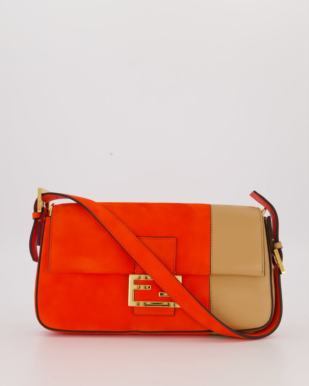 Fendi Fiery Orange and Beige Baguette 1997 Suede and Leather Contrasting Shoulder Bag with Gold Hardware