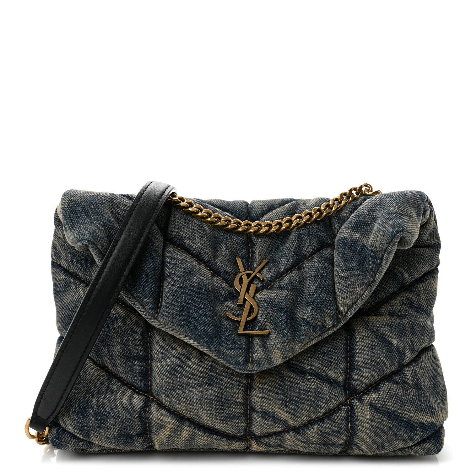 Saint Laurent Denim Quilted Toy Loulou Puffer Monogram Chain Satchel Rodeo Blue
