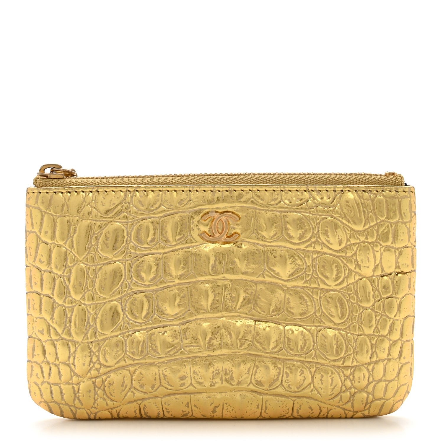 Chanel Metallic Calfskin Crocodile Embossed Cocodile Small Cosmetic Case Gold