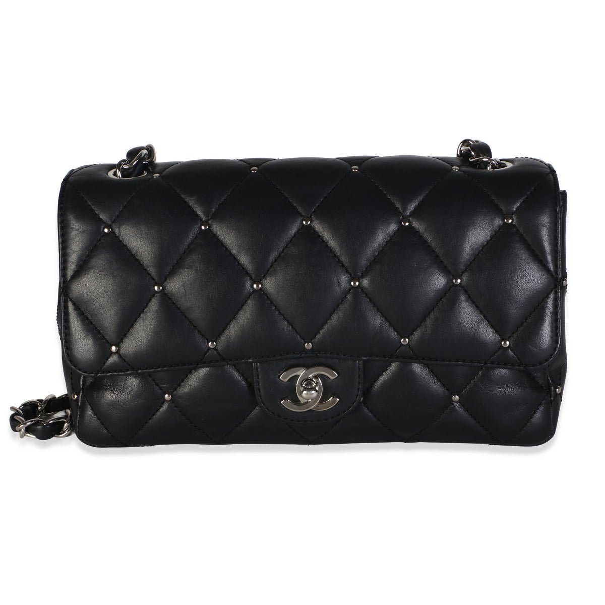 Black Studded Lambskin Single Shoulder Flap Bag