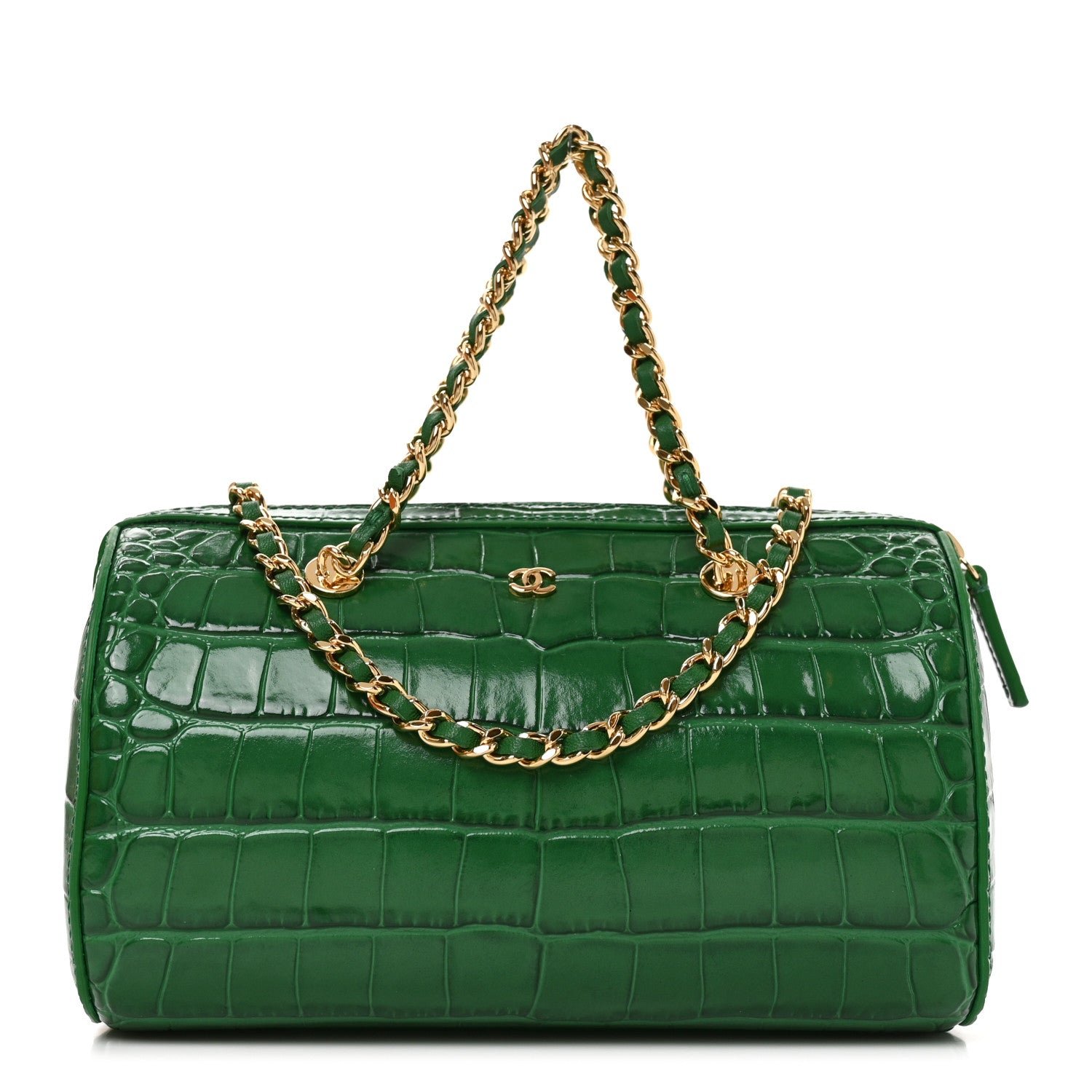 Chanel Calfskin Crocodile Embossed Mini Bowling Clutch With Chain Green