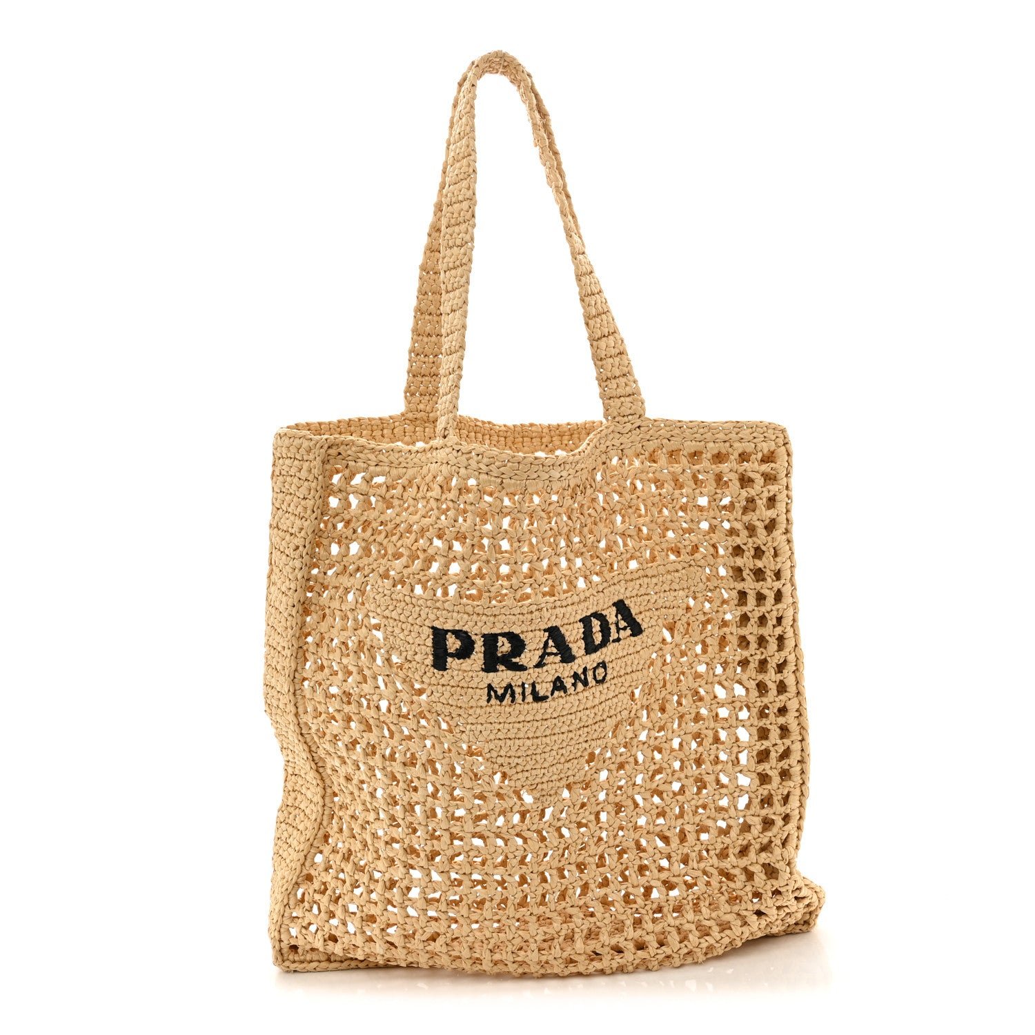 Prada Yarn Raffia Effect Crochet Logo Embroidered Tote Bag Naturale