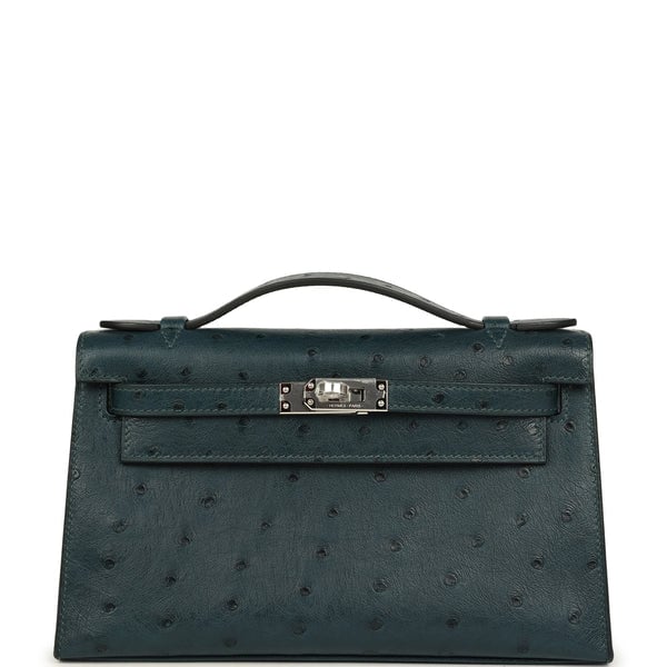 Hermes Kelly Pochette Vert Cypress Ostrich Palladium Hardware