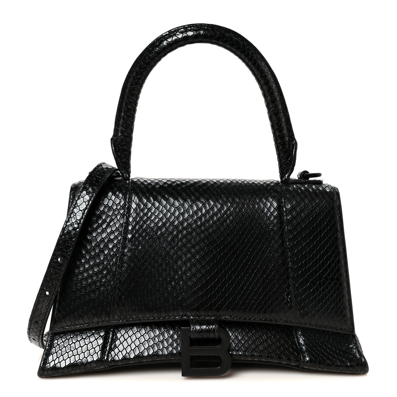Balenciaga Matte Calfskin Snake Embossed Tonal B Small Hourglass Top Handle Bag Black