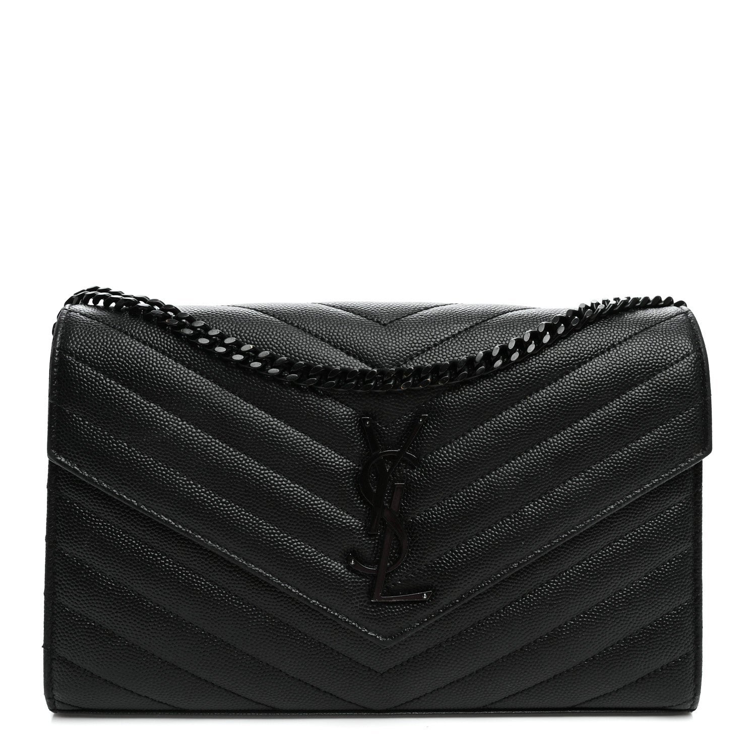 Saint Laurent Grain De Poudre Matelasse Chevron Monogram Monochrome Chain Wallet Black