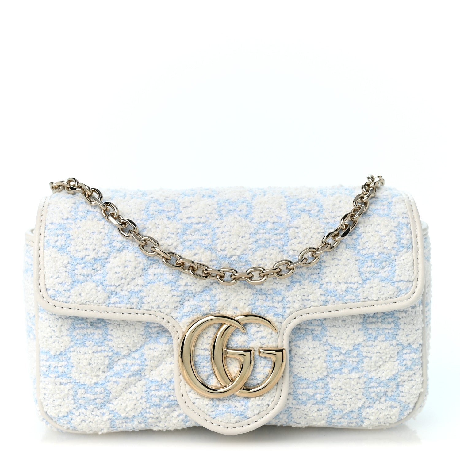 Gucci Sponge Boucle Matelasse Mini GG Marmont Shoulder Bag White Light Blue Grey