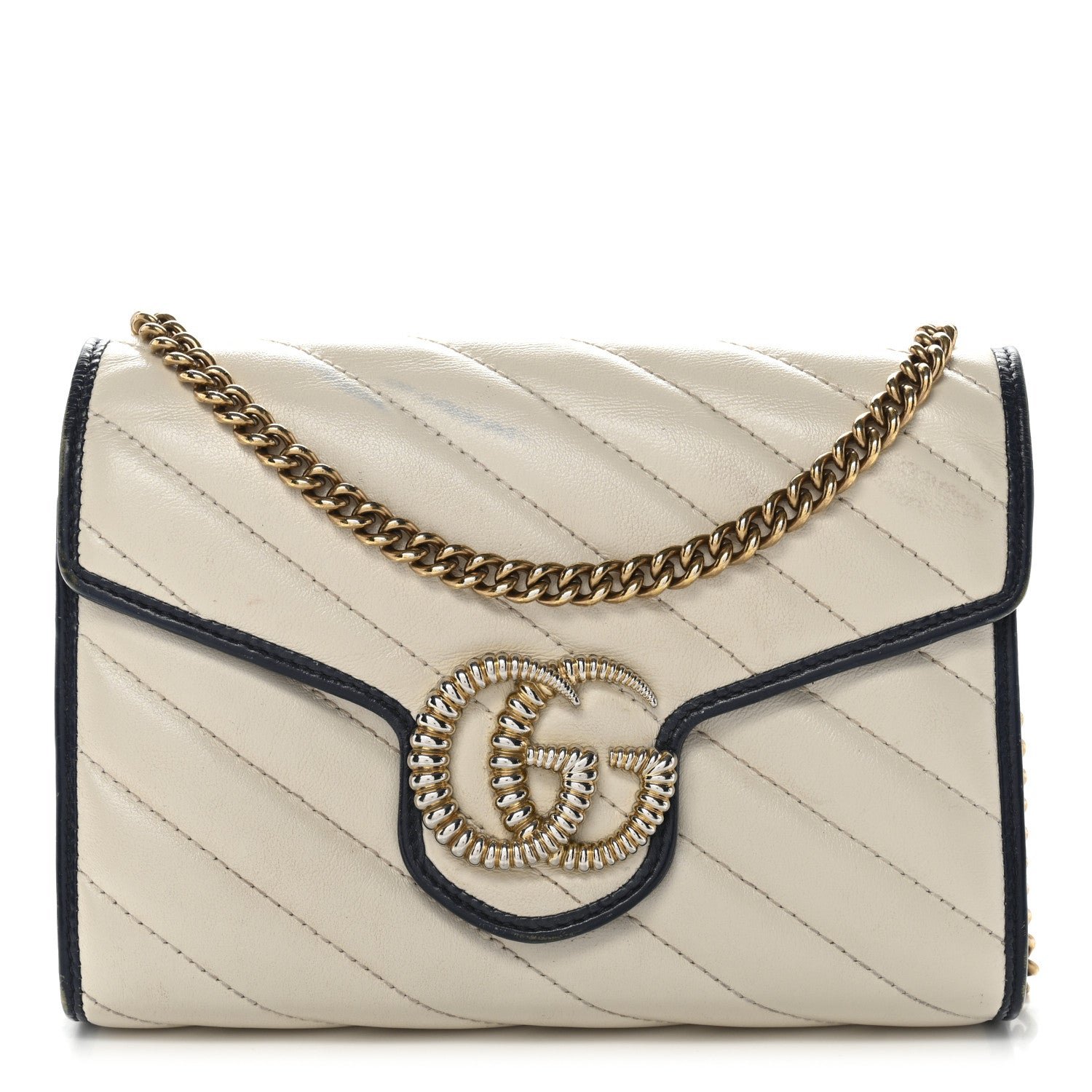 Gucci Vintage Effect Calfskin Matelasse Diagonal Torchon GG Marmont Chain Wallet Mystic White Blue Agata
