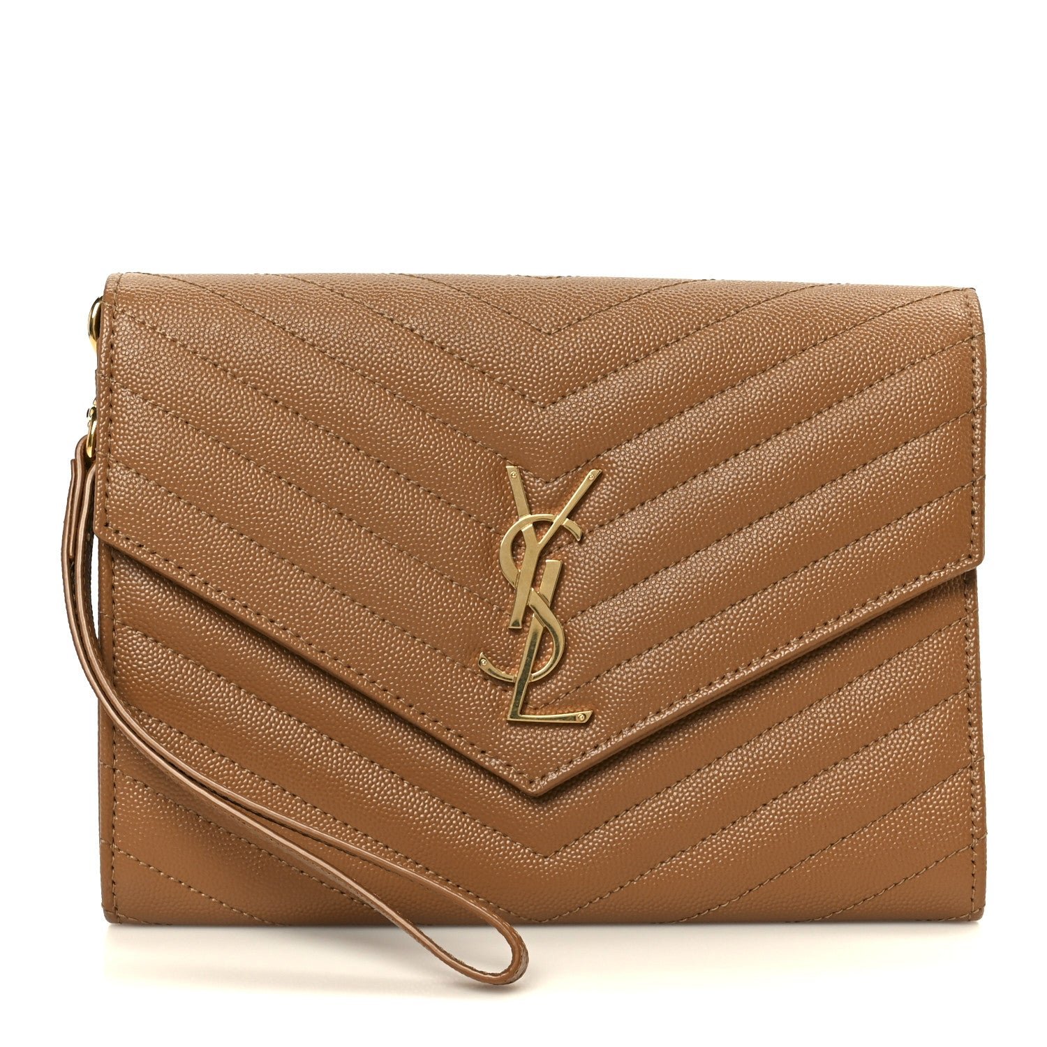 Saint Laurent Grain De Poudre Matelasse Chevron Monogram Cassandre Flap Pouch Natural Dark