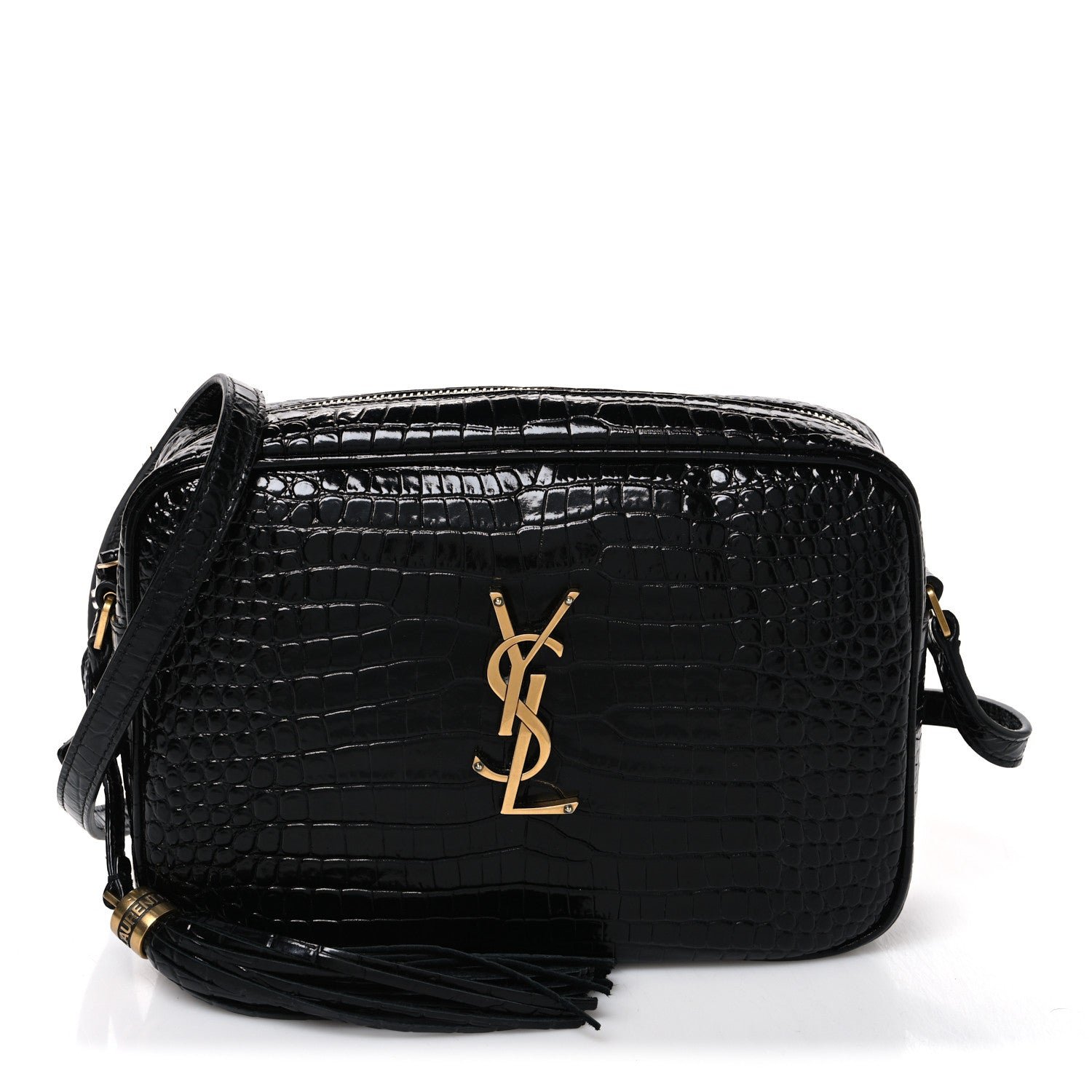 Saint Laurent Patent Calfskin Crocodile Embossed Monogram Lou Camera Bag Black