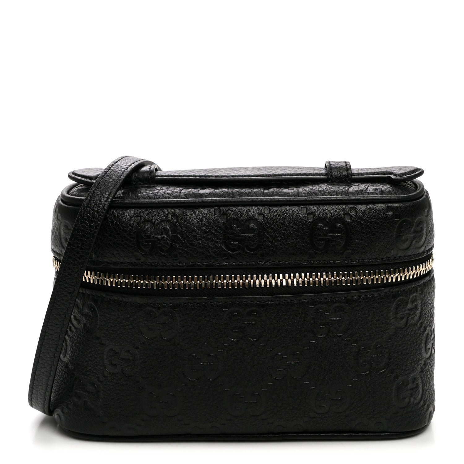 Gucci GG Calfskin Embossed Emblem Super MIni Crossbody Bag Black