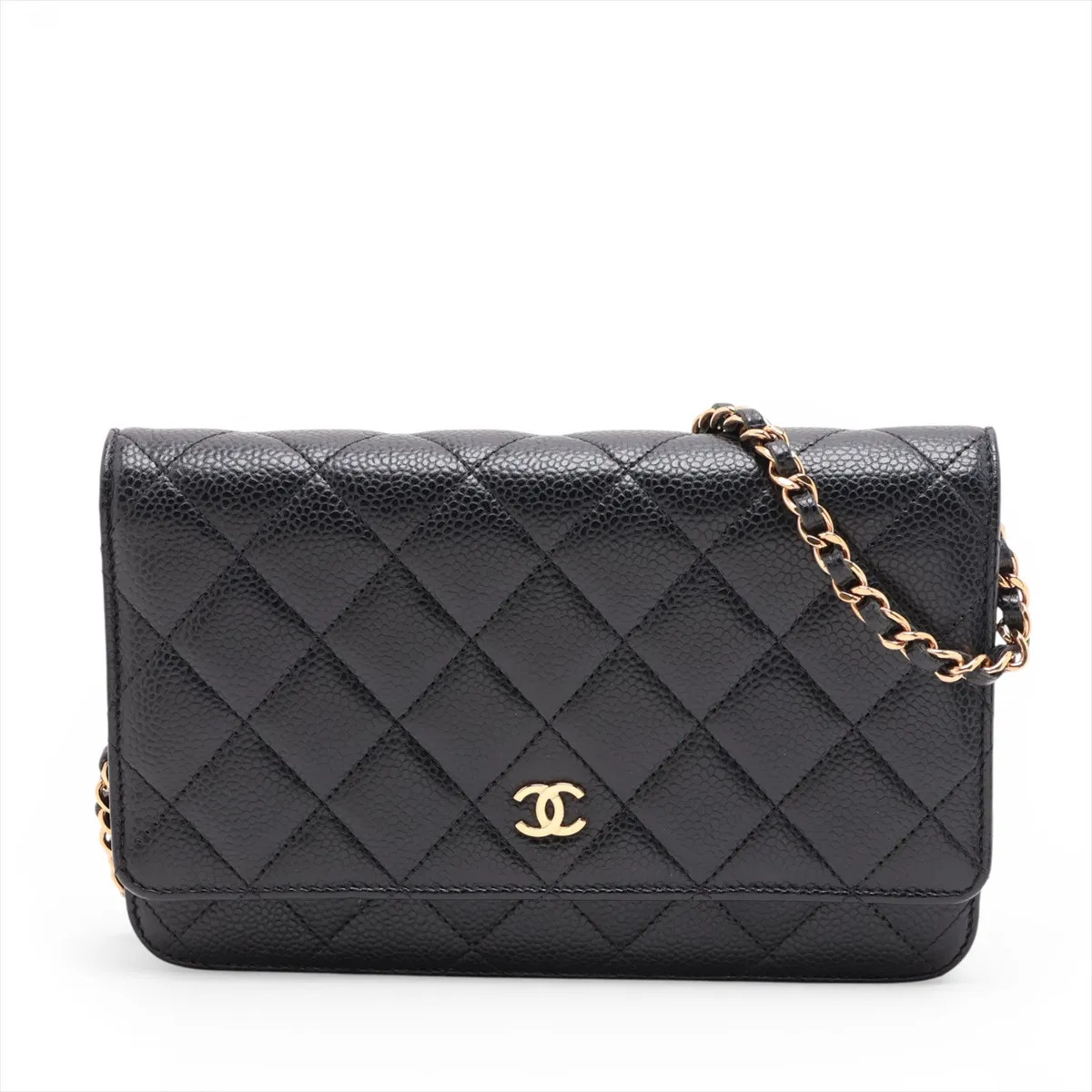 Chanel Matelasse Caviar Skin Chain Wallet Black Gold Metal Fittings random plate