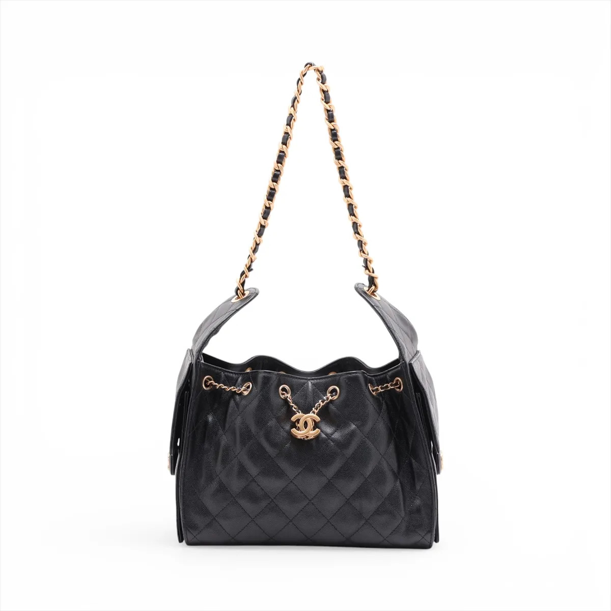 Chanel Chanel 25 Small Caviar Skin Chain Shoulder Bag Black Gold Metal Fittings