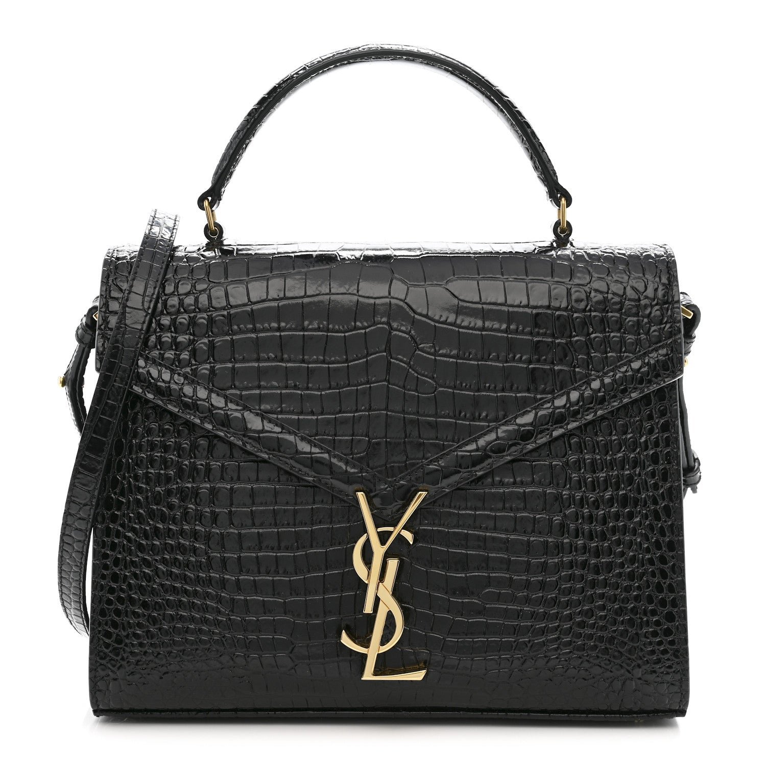 Saint Laurent Calfskin Crocodile Embossed Medium Classic Monogram Cassandra Top Handle Black