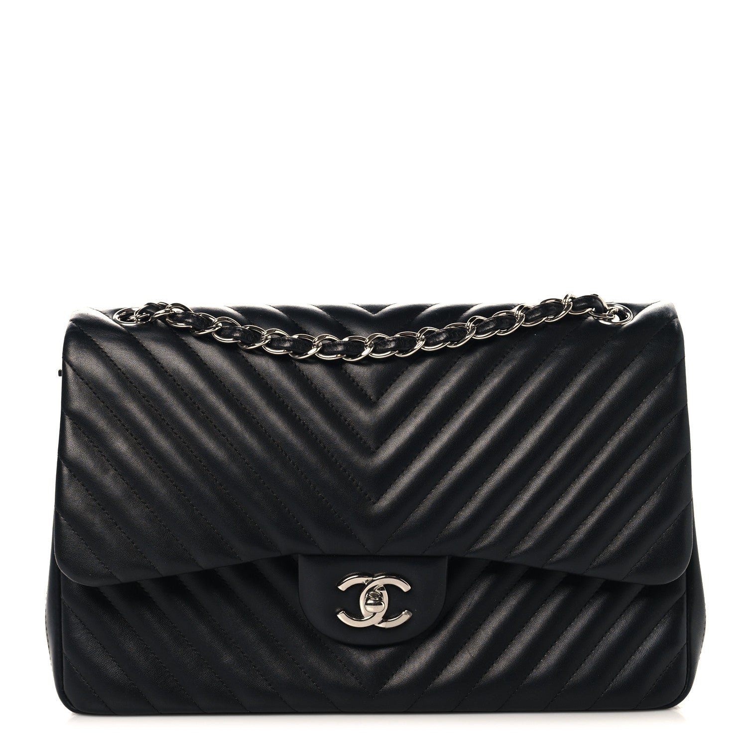 Chanel Lambskin Chevron Quilted Jumbo Double Flap Black