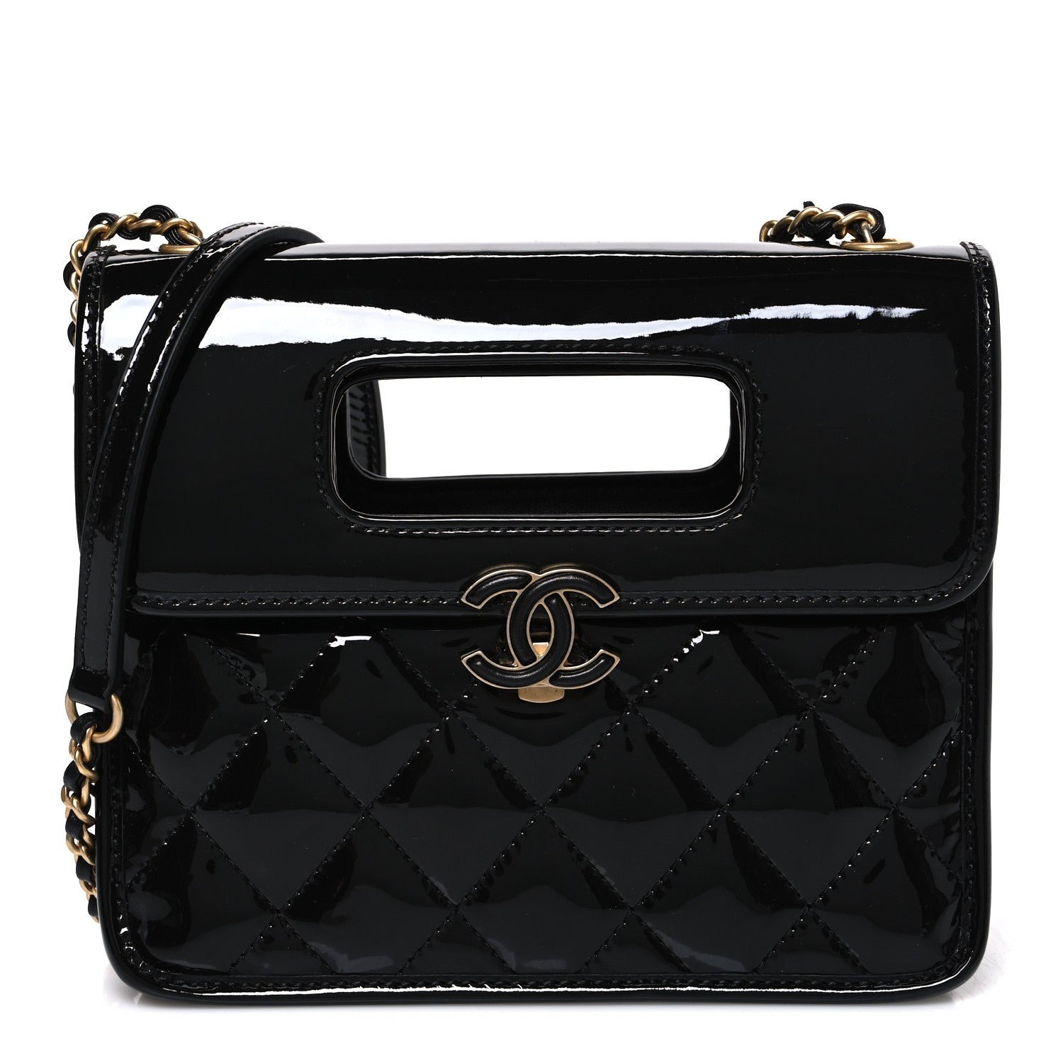 Chanel Patent Quilted Mini Graphic Catch Flap Black