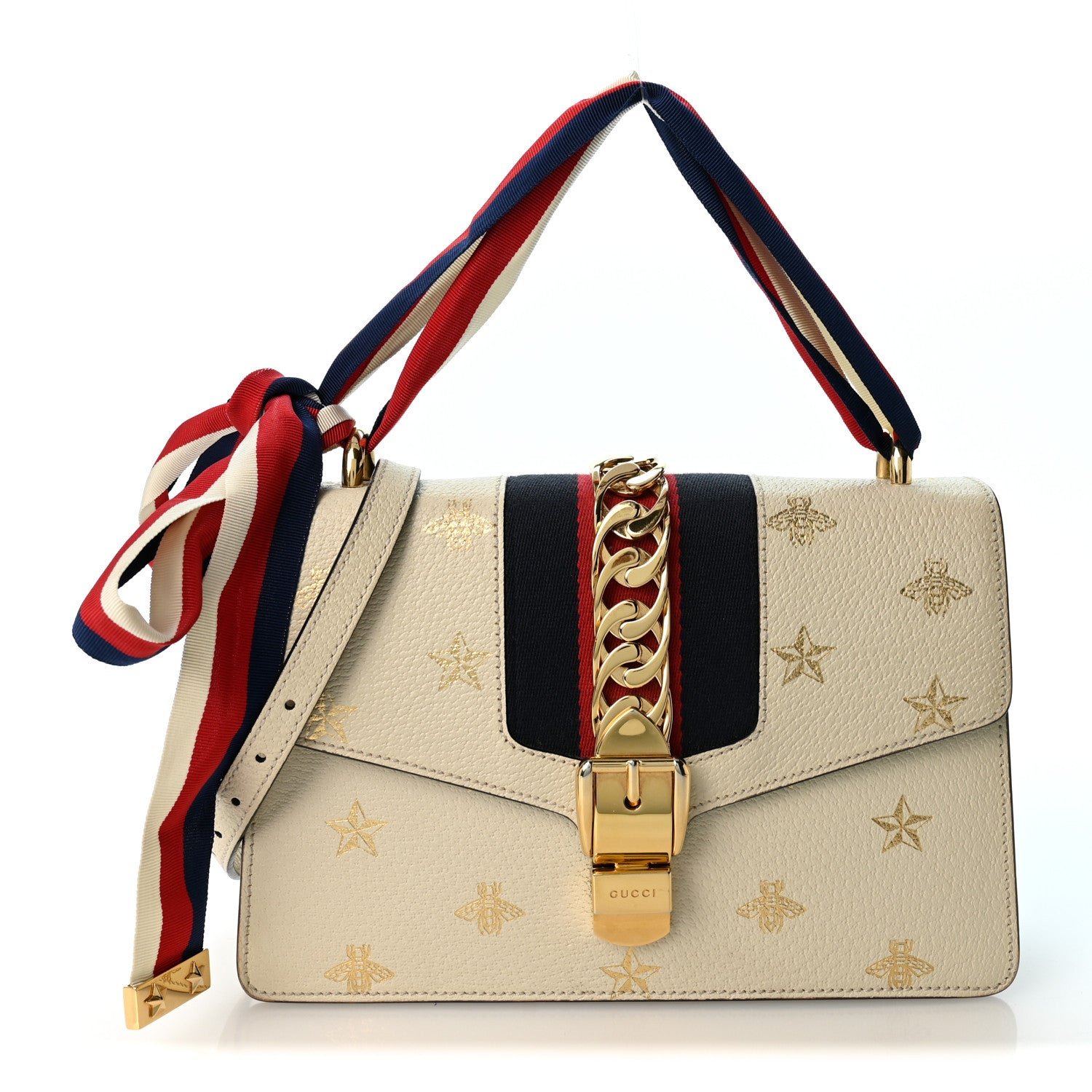 Gucci Textured Calfskin Bee Star Print Small Sylvie Shoulder Bag Mystic White