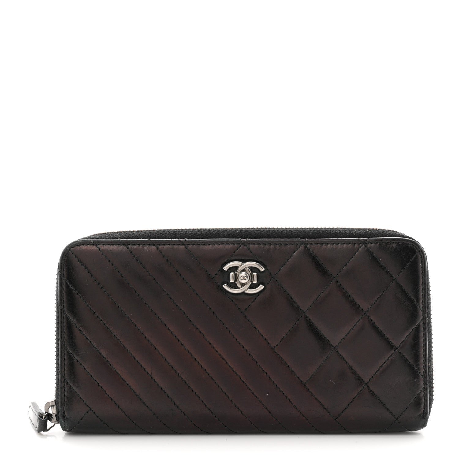 Chanel Glazed Calfskin Quilted Small Coco Boy Zip Around Wallet Black
