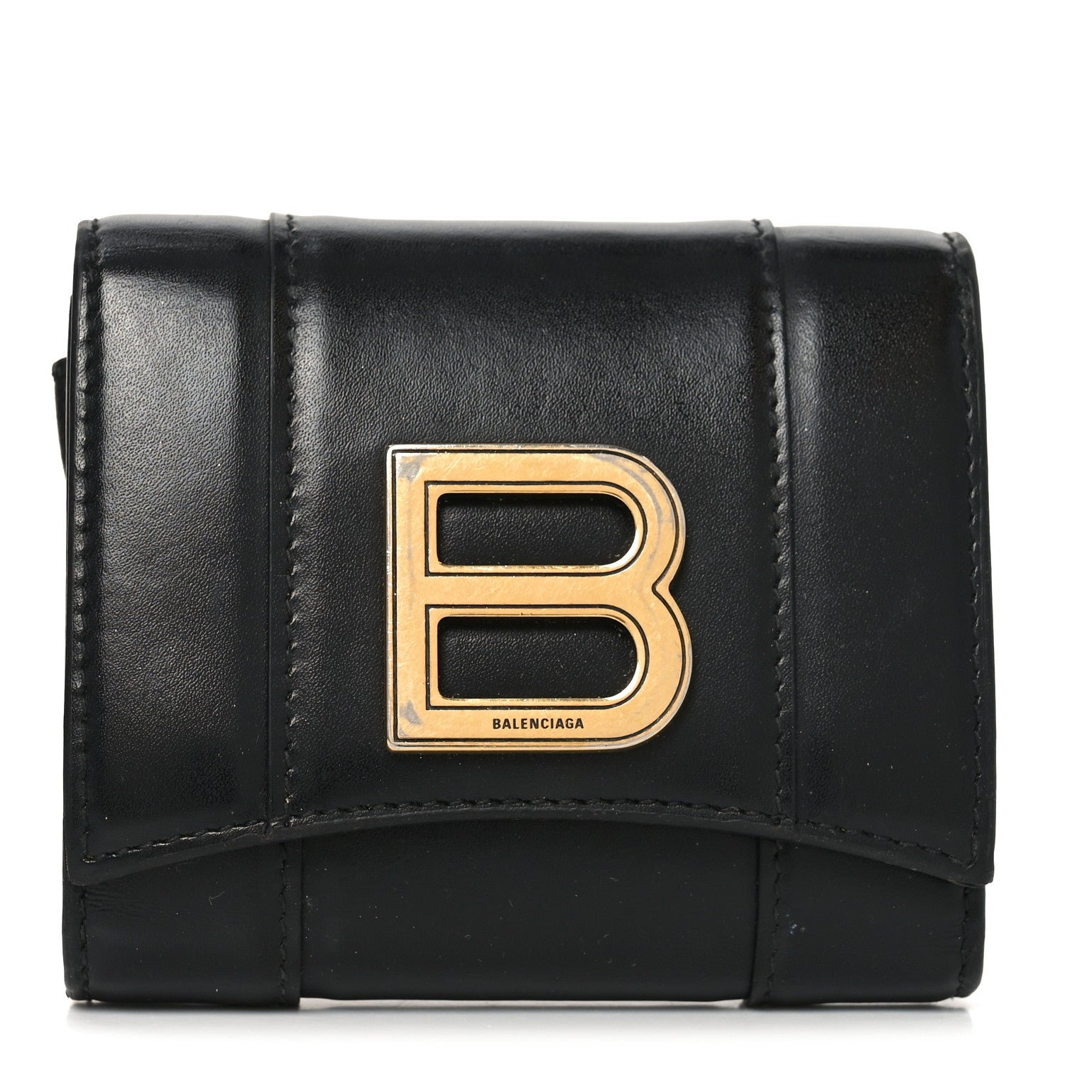 Balenciaga Shiny Box Calfskin Hourglass Compact Wallet Black