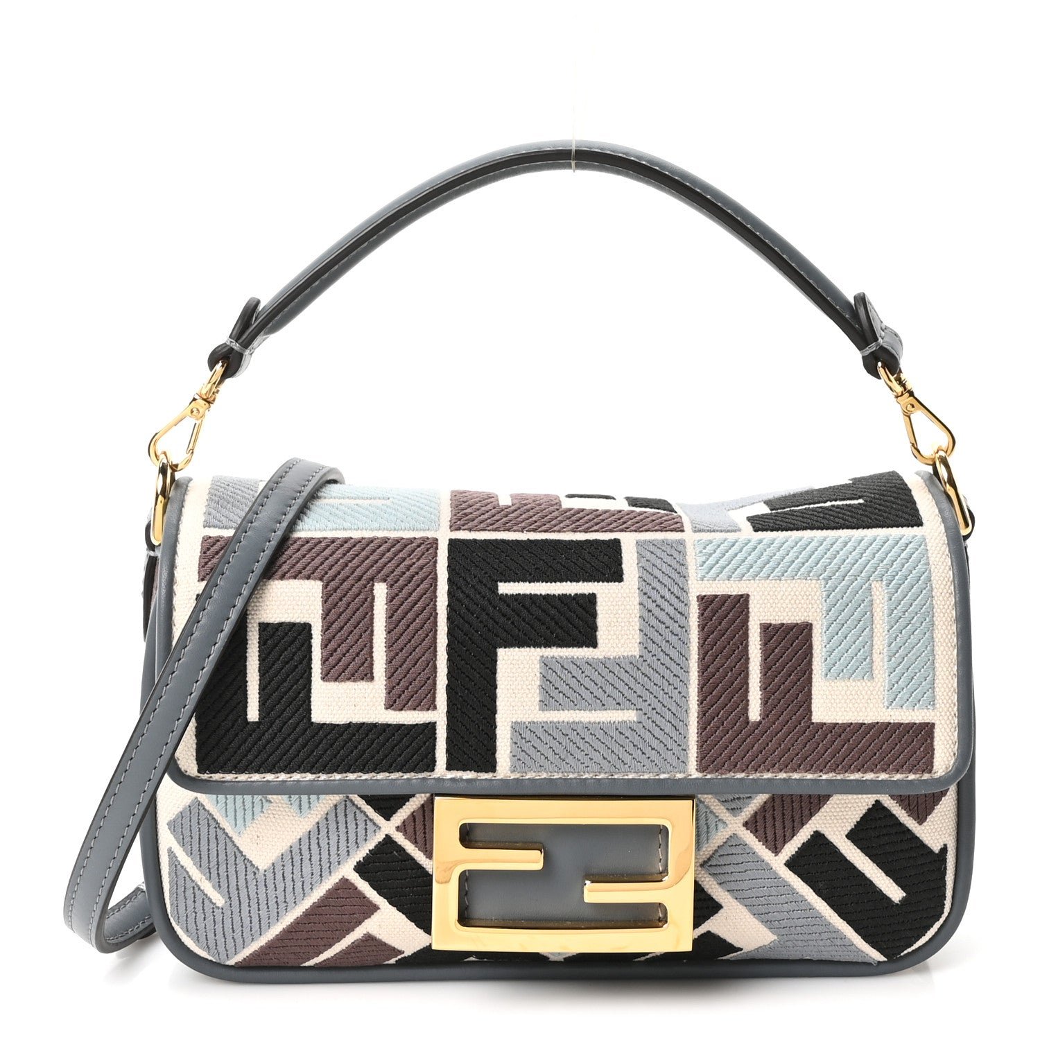 Fendi Canvas Vitello King Seta FF Embroidered Mini Baguette Anice Tortora