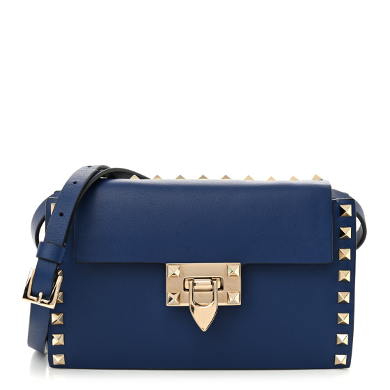 Valentino Garavani Calfskin Small Rockstud Overlay Flap Shoulder Bag Blue Delft