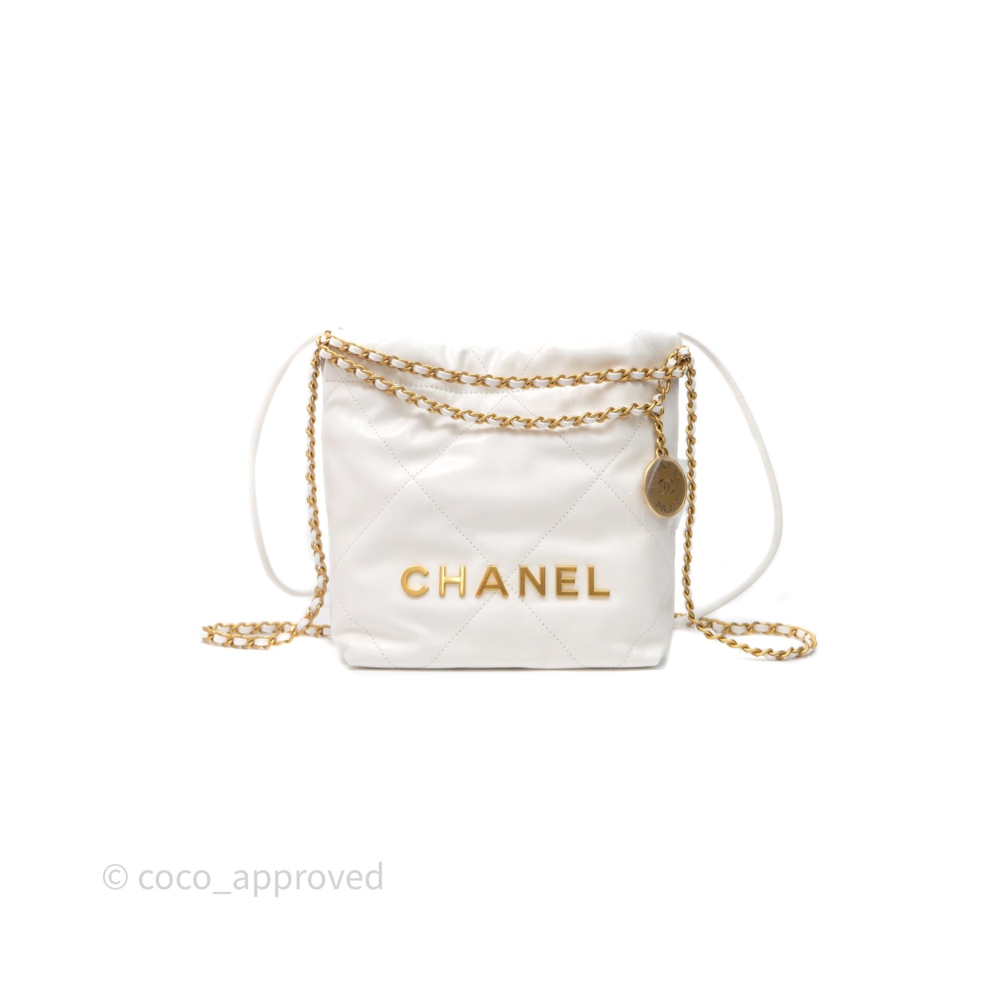Chanel 22 Mini Bag White Shiny Crumpled Calfskin Aged Gold Hardware