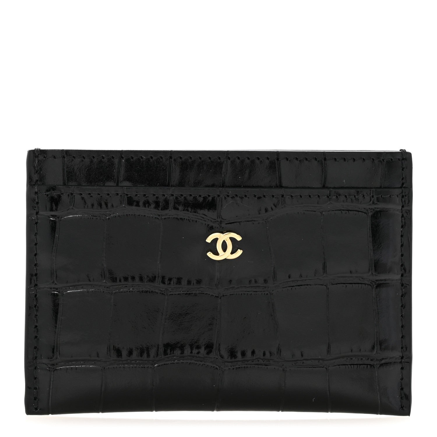 Chanel Calfskin Crocodile Embossed Crococo Card Holder Black