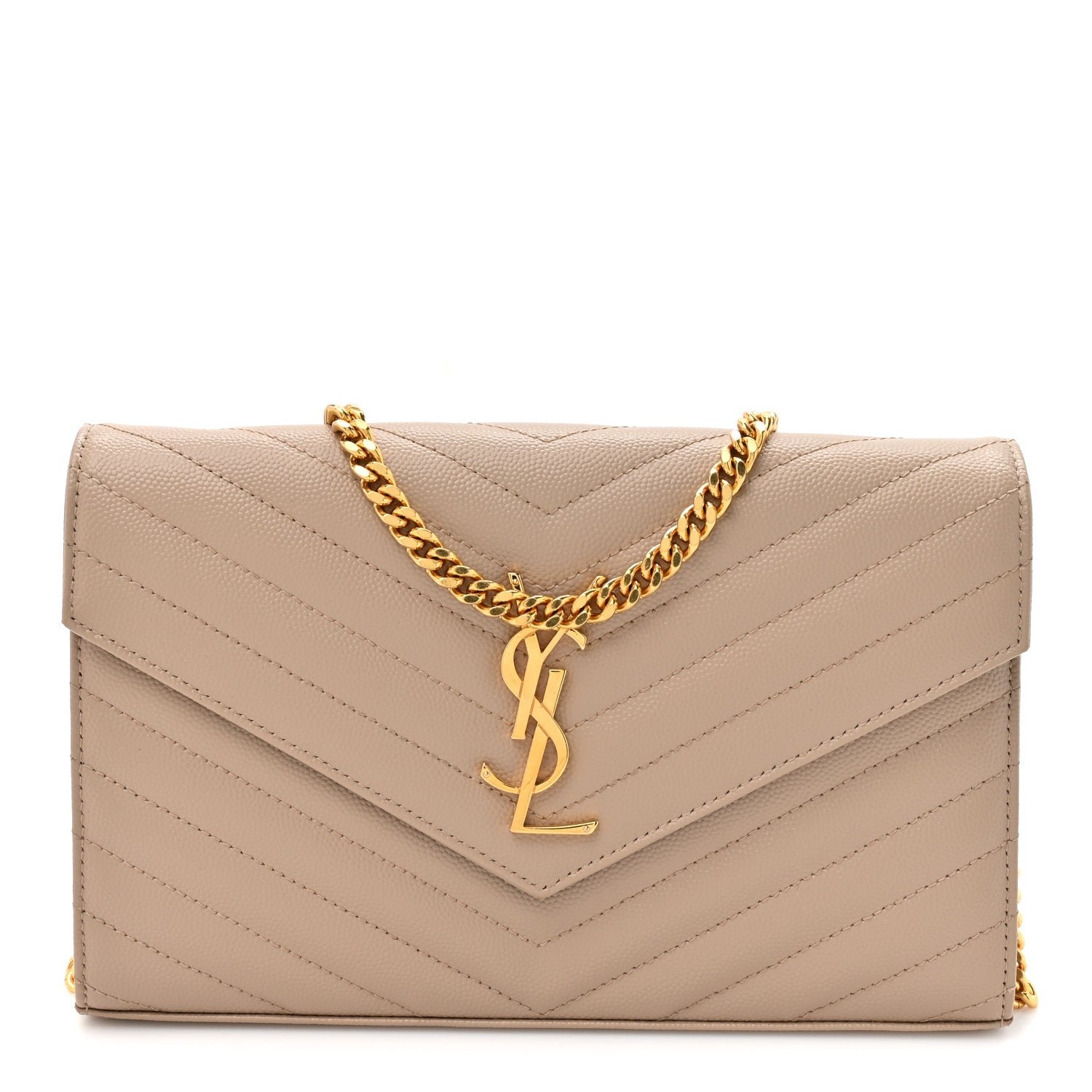 Saint Laurent Grain De Poudre Matelasse Chevron Monogram Chain Wallet Dark Beige