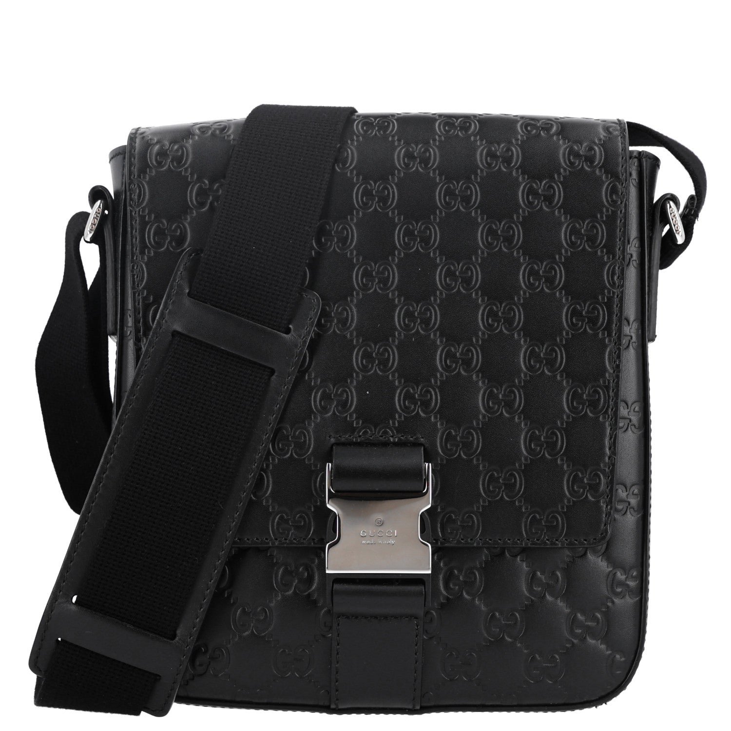 Gucci Guccissima Signature Single Buckle Flap Messenger Bag Black