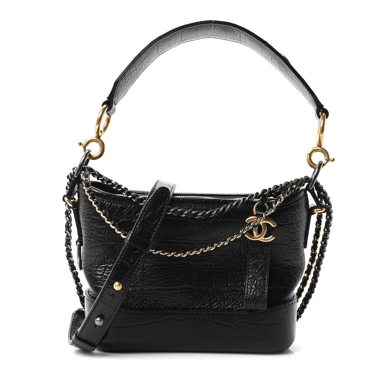 Chanel Calfskin Crocodile Embossed Small Gabrielle Cocodile Hobo Black
