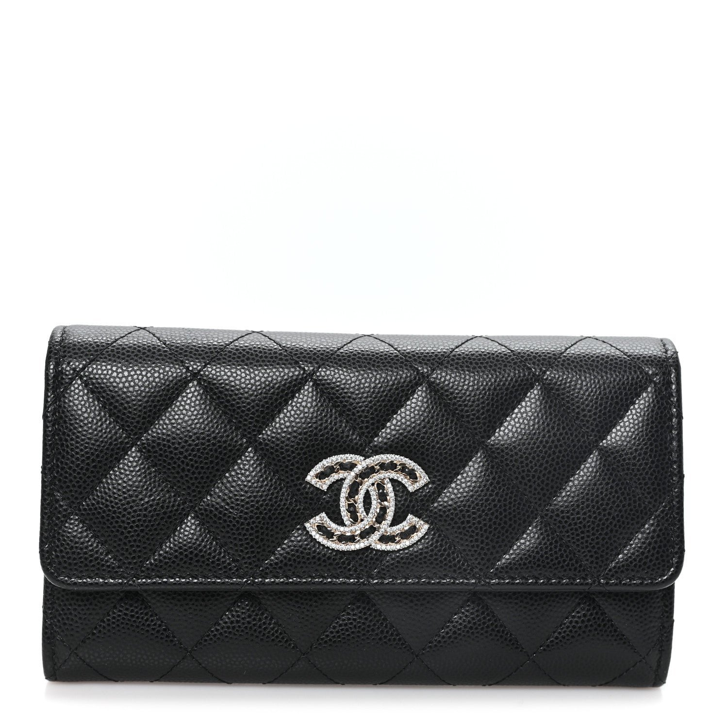 Chanel Caviar Quilted Crystal CC Large Gusset Flap Wallet Black