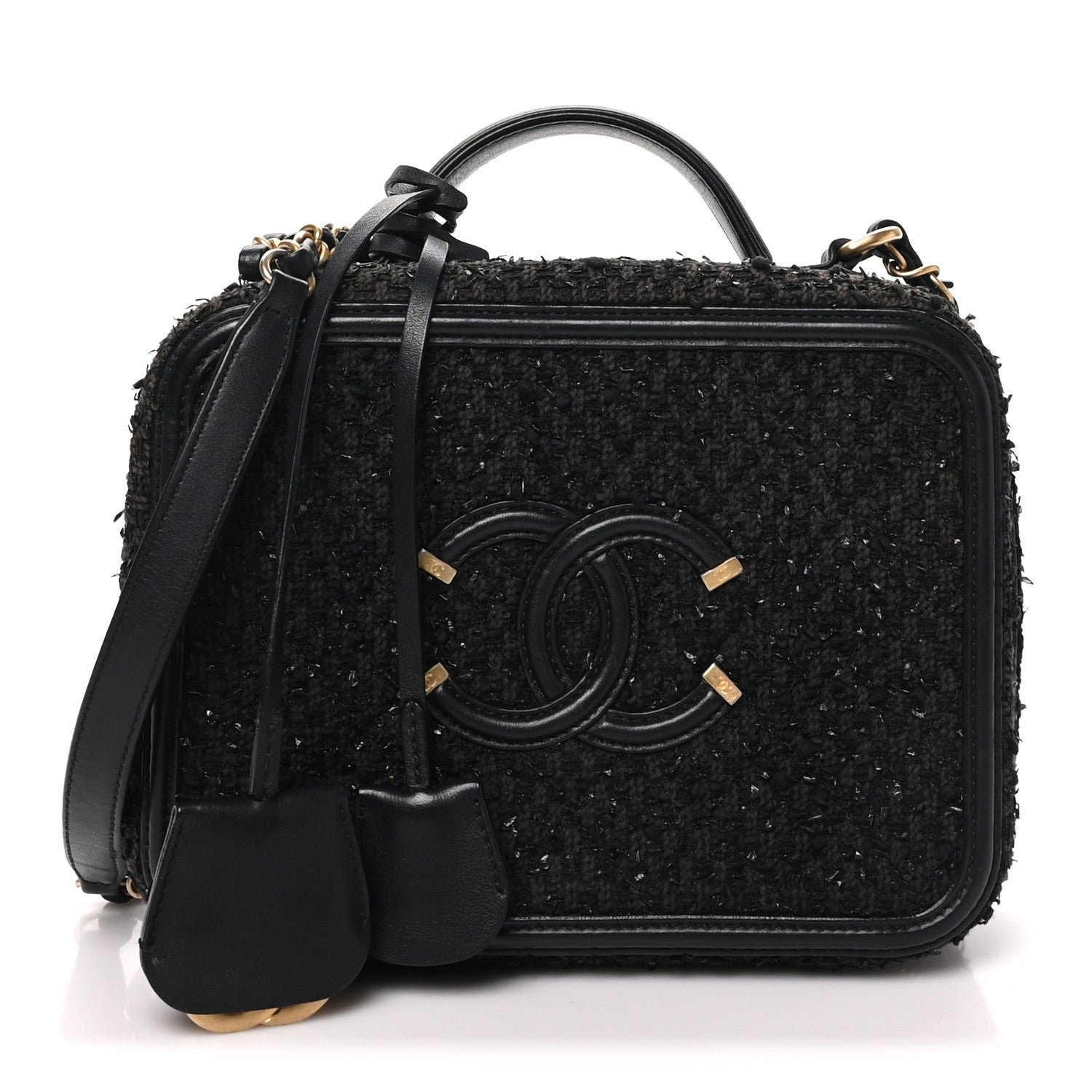 Chanel Tweed Quilted Medium CC Filigree Vanity Case Black