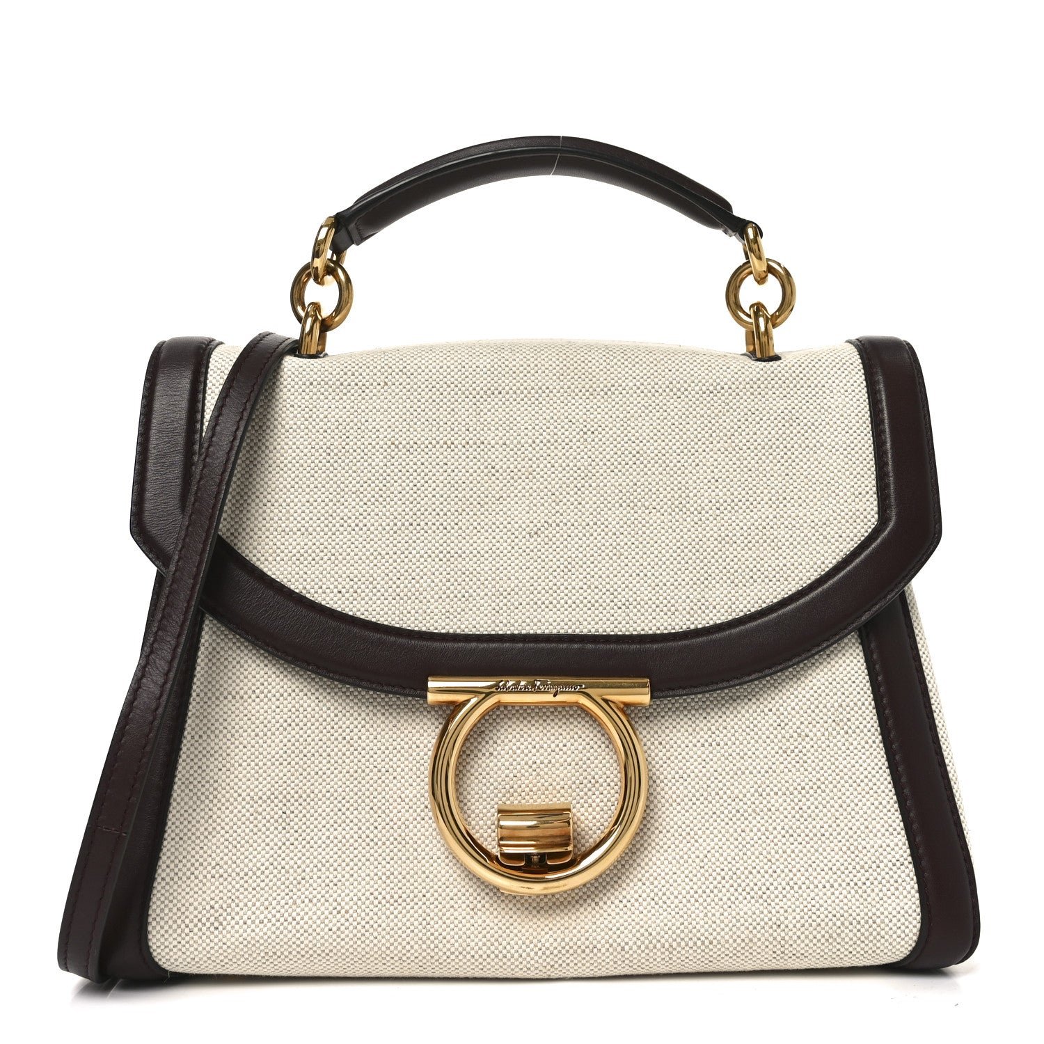 Salvatore Ferragamo Calfskin Canvas Margot Top Handle Satchel Burgundy