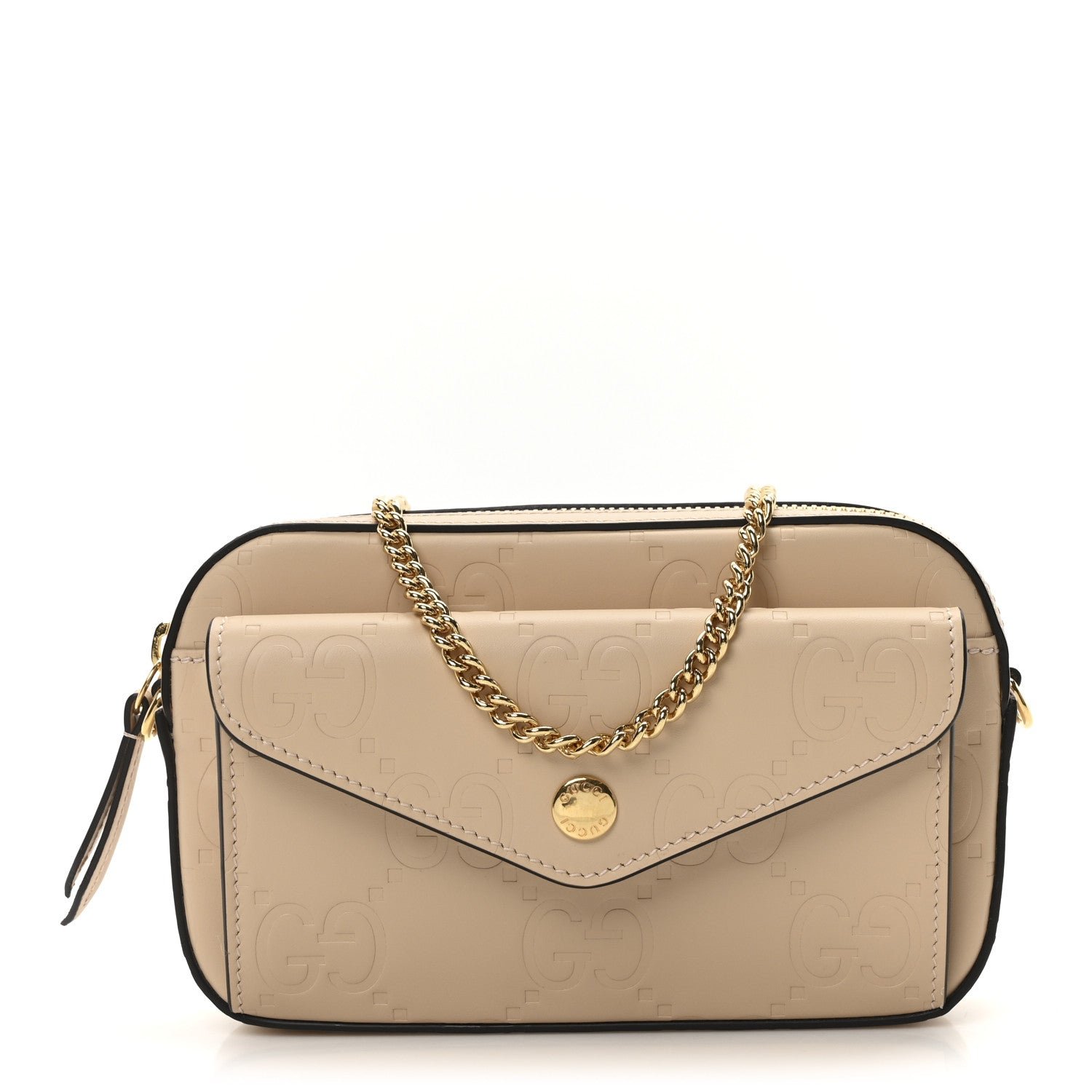 Gucci Calfskin GG Super Mini Debossed Chain Wallet Light Beige