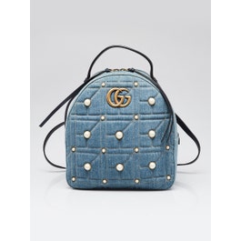 Gucci Blue Quilted Denim Faux Pearl Marmont Backpack Bag