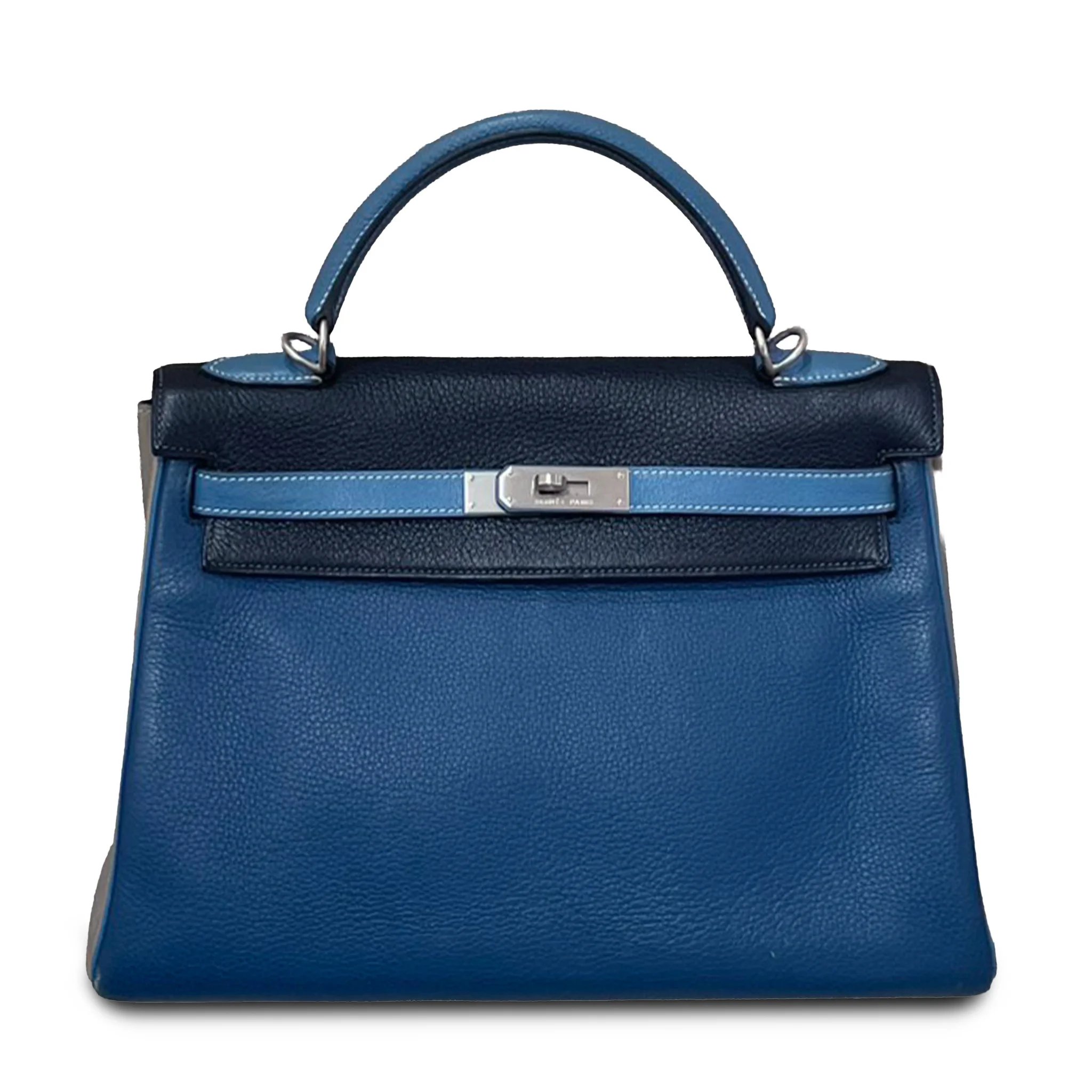 Hermes Very Good ( Rank A) HERMÈS Kelly 32 Bleu Jean (75) Bleu Indigo (76) Gray Clemence Palladium hardware Square G (2003)
