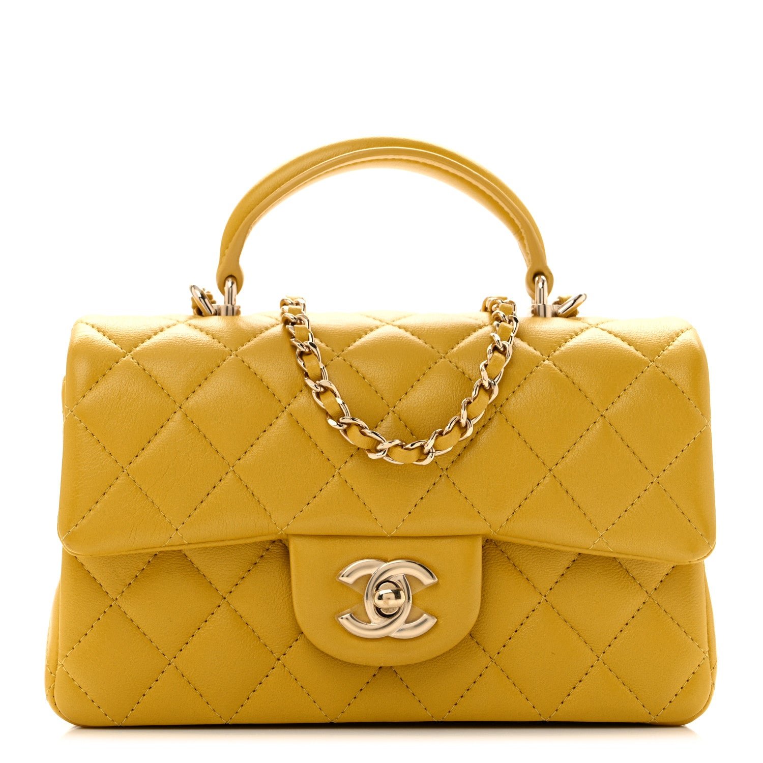 Chanel Lambskin Quilted Mini Top Handle Rectangular Flap Yellow